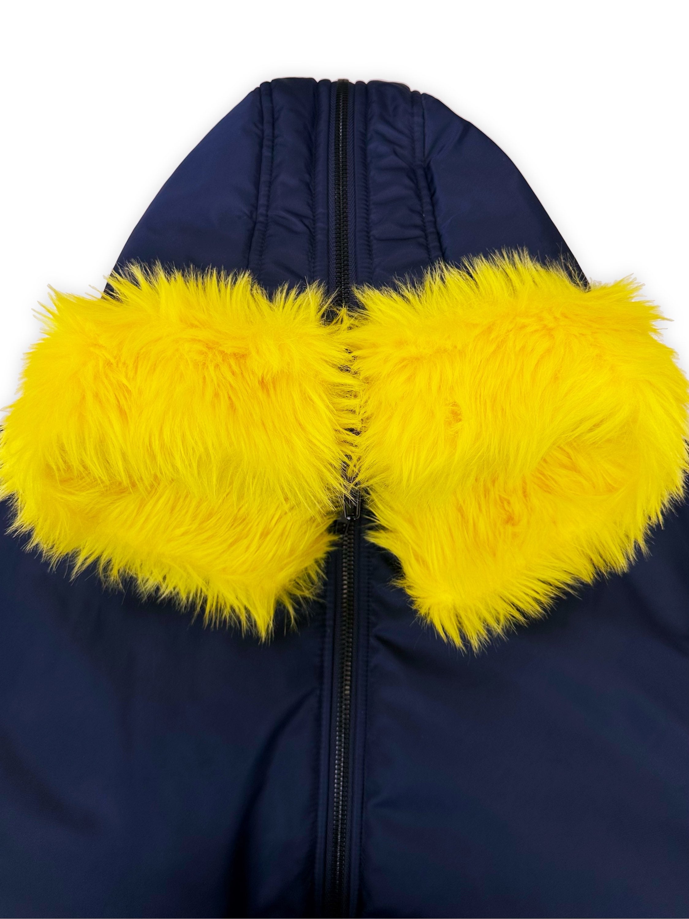 AW21 Balenciaga Faux Fur ‘Split Hood’ Blue Nylon Bomber Jacket