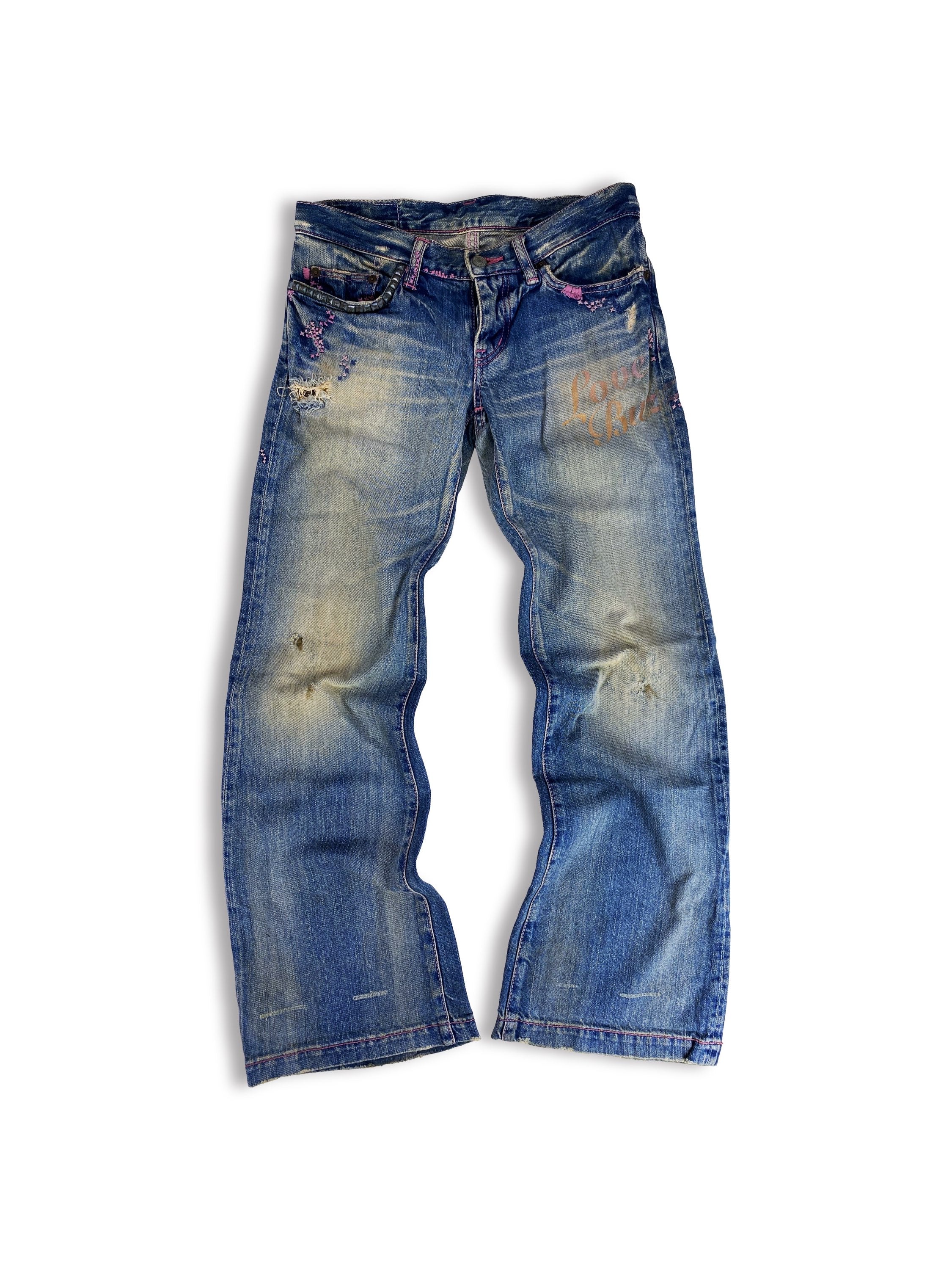 Hysteric Glamour ‘Love’ Pink Embroidered Washed Wide Cut Denim