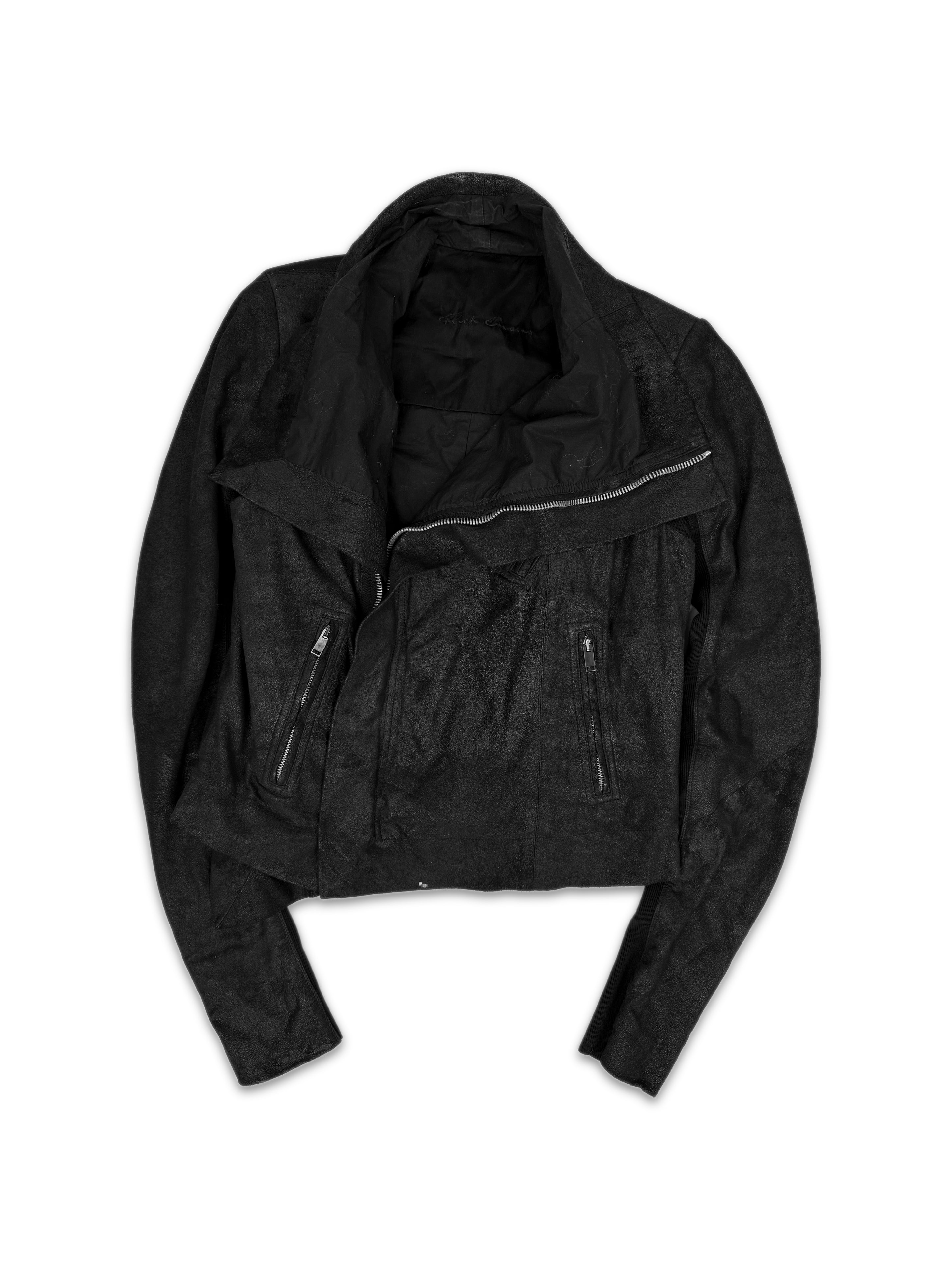 Rick Owens Cropped Black Lambskin Leather Biker Jacket