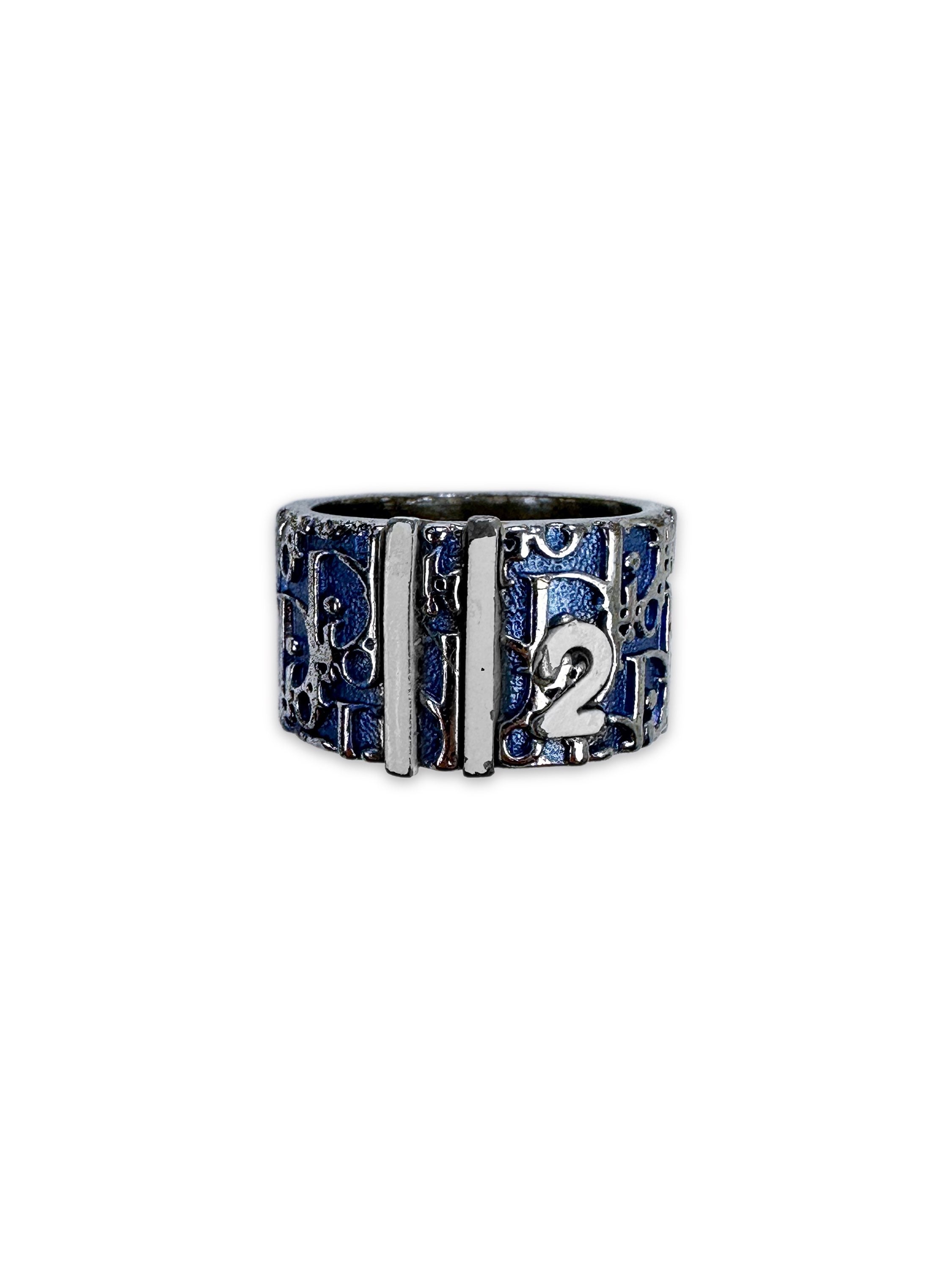 00s Dior ‘2’ Navy Blue Trotter Monogram Silver Ring