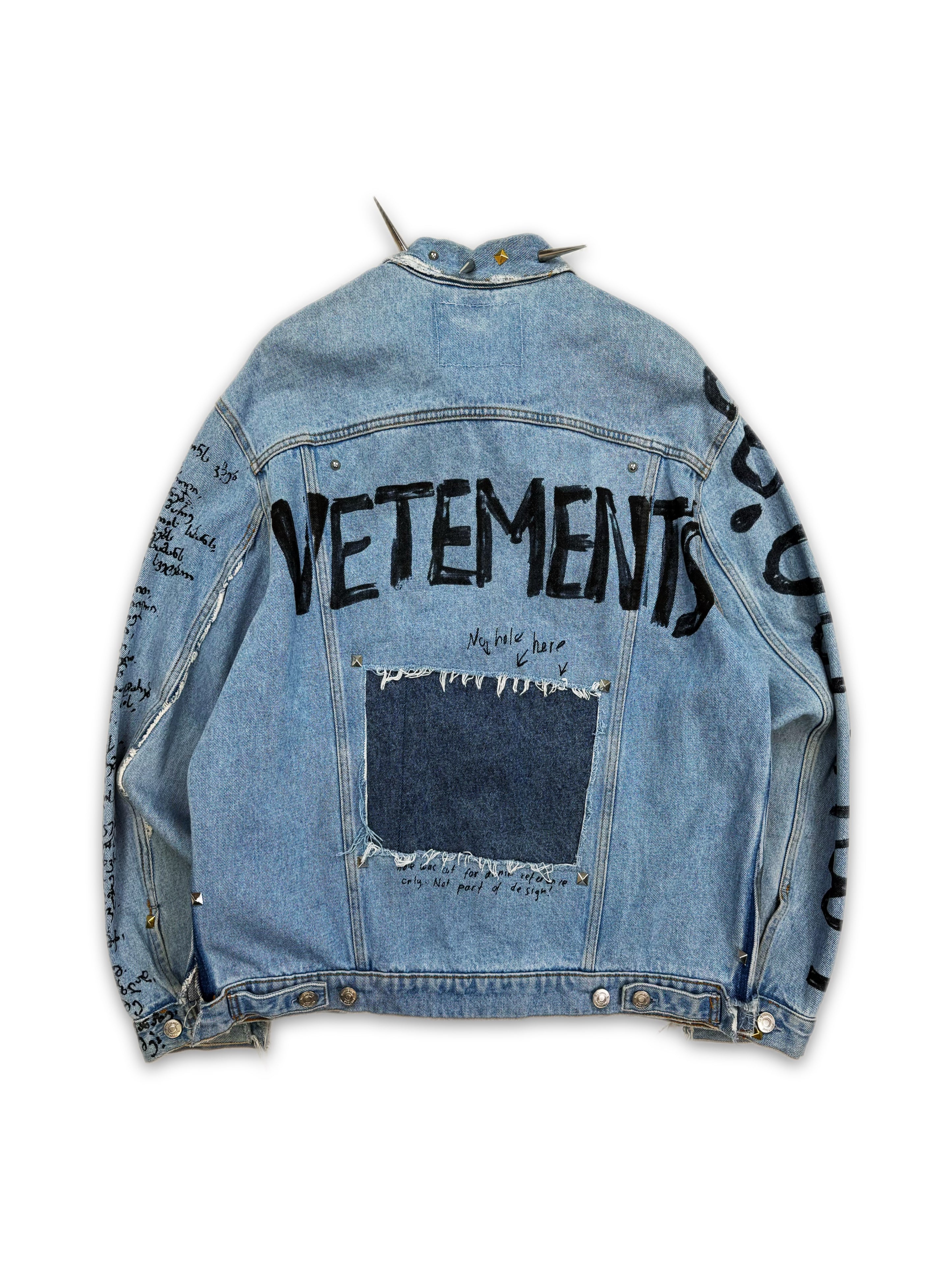 SS19 Vetements Spiked Collar ‘Graffiti’ Blue Denim Jacket