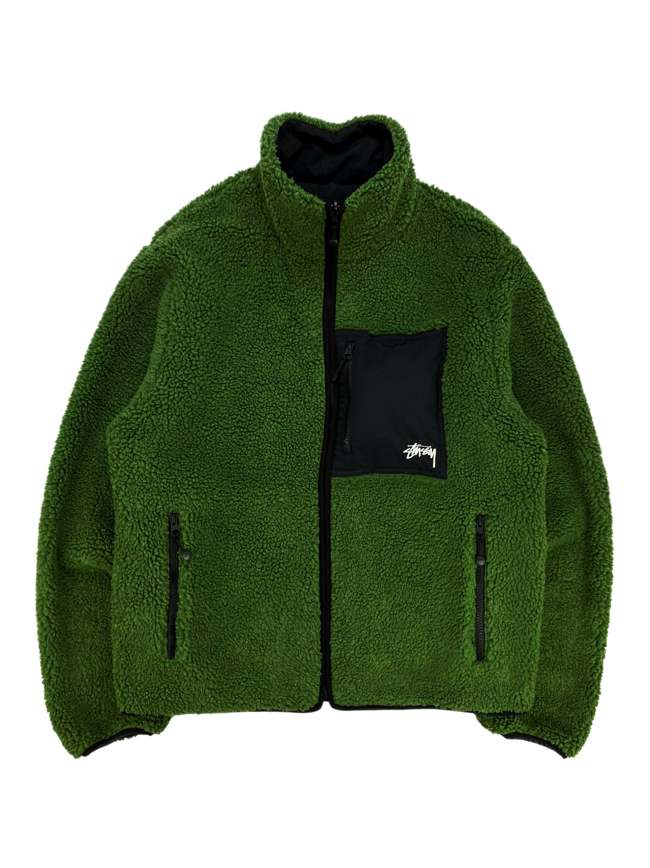 AW22 Stüssy ‘8 Ball’ Forest Green Reversible Sherpa Fleece Jacket