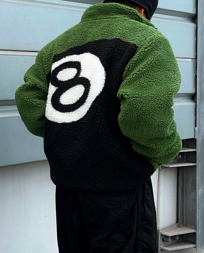 AW22 Stüssy ‘8 Ball’ Forest Green Reversible Sherpa Fleece Jacket