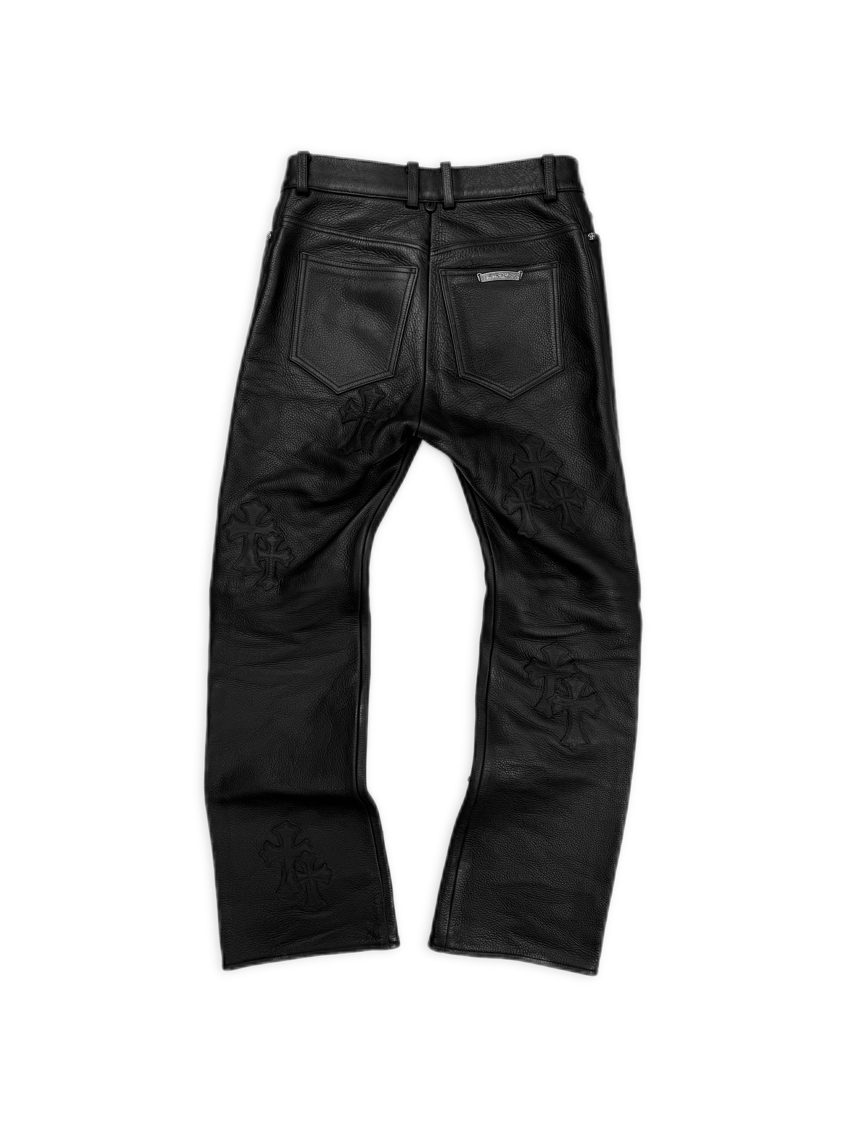 Chrome Hearts 20 Cross Patch Black Leather Heavy Weight .925 Silver Pants