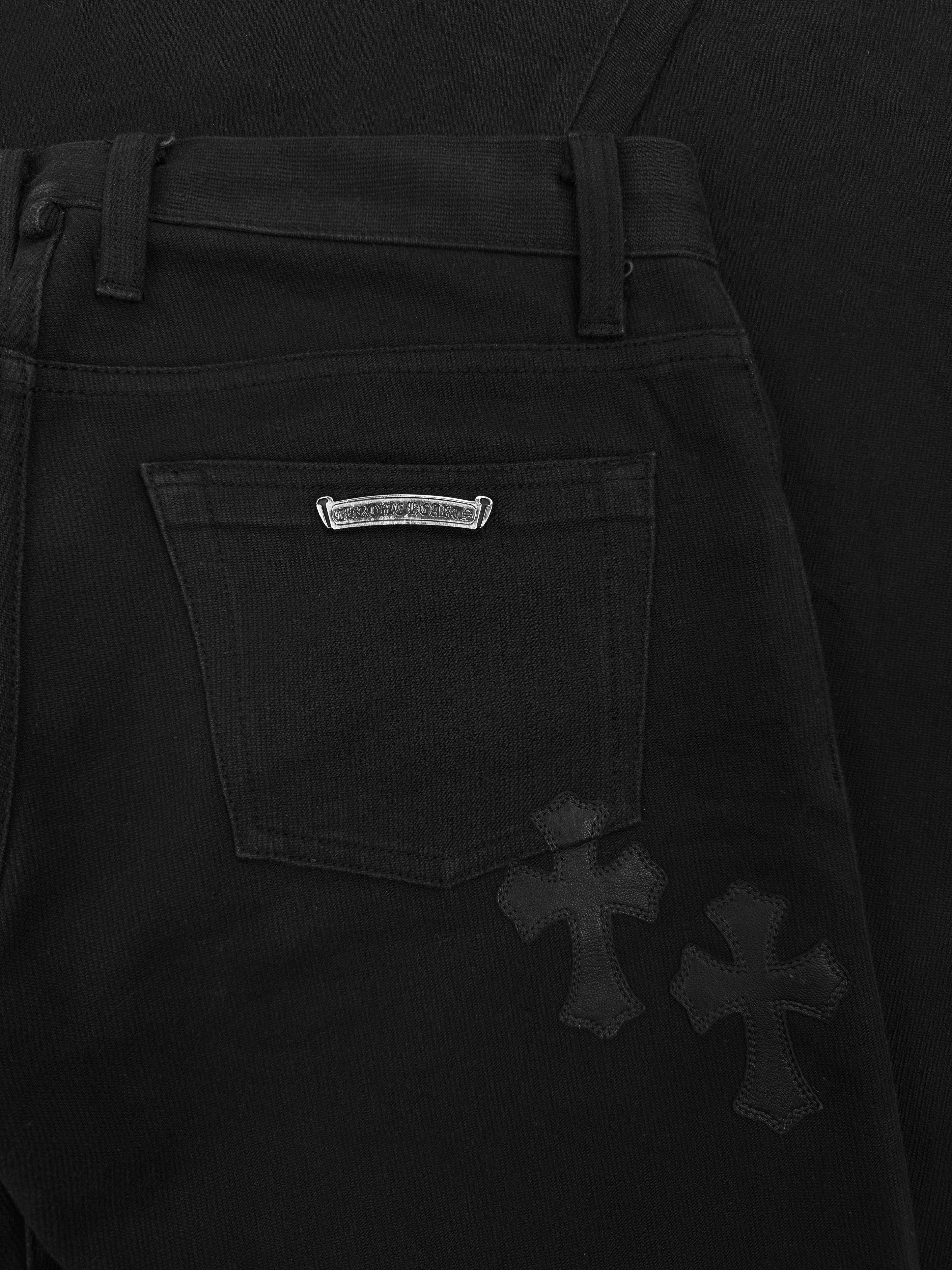 Chrome Hearts Flared 5 Leather Cross Patch Black .925 Silver Denim Jeans