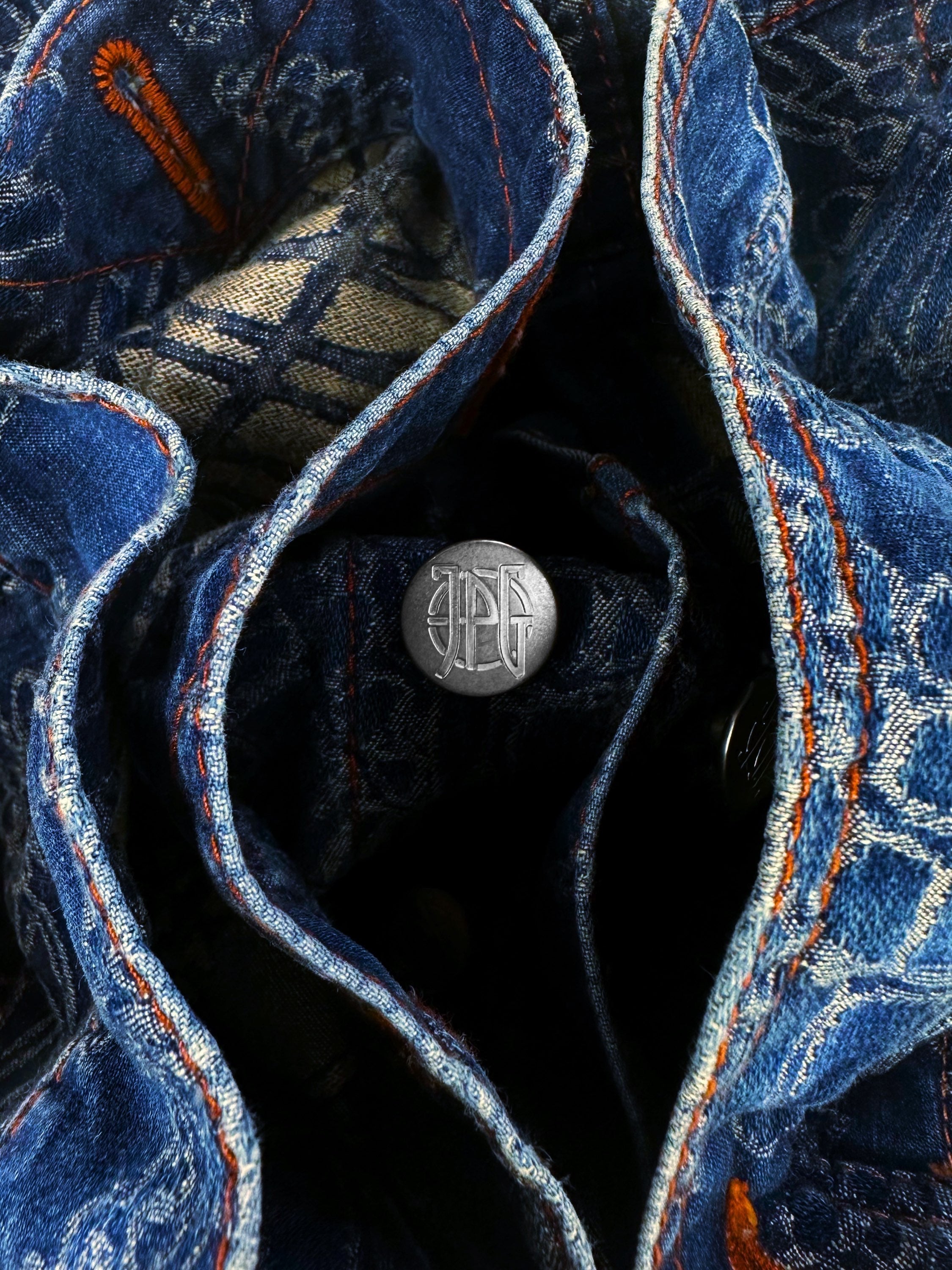 90s Jean Paul Gaultier ‘Sun’ Tribal Motif Pleated Blue Denim Jacket