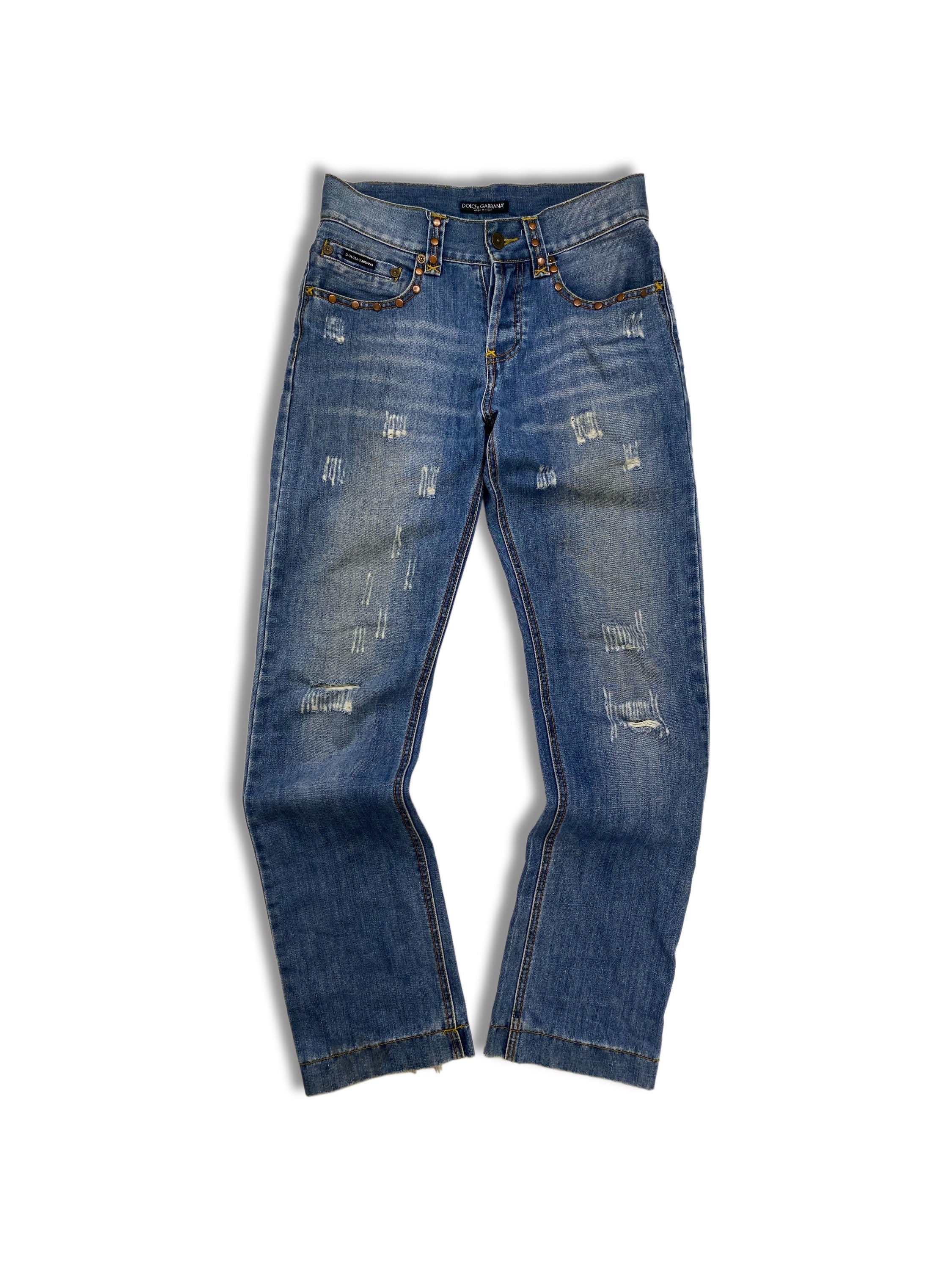 Dolce &amp; Gabbana Embroidered Tiger Studded Distressed Denim