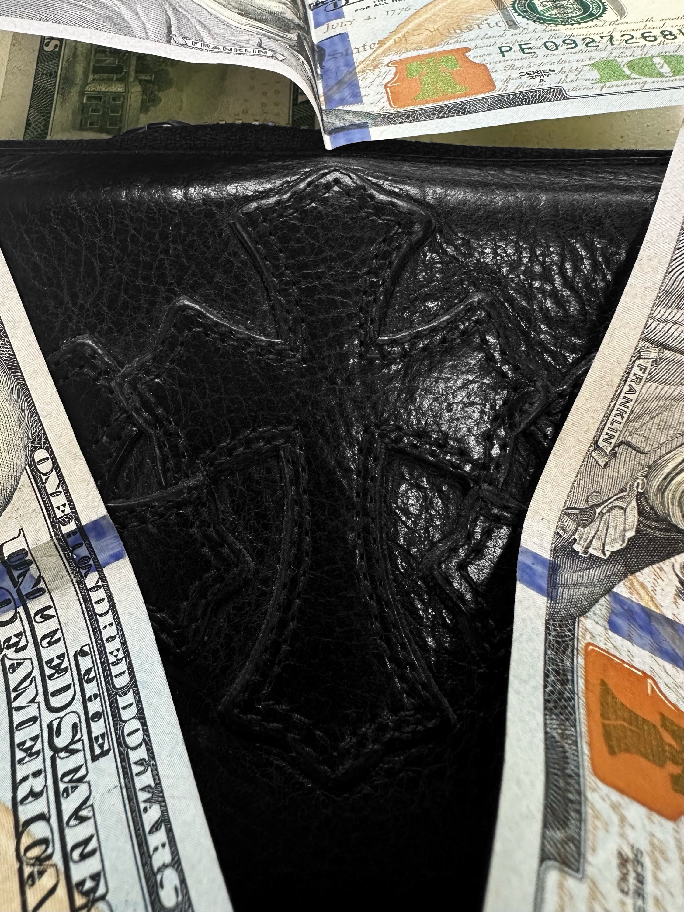 00s Chrome Hearts ‘Triple Cross’ Motif .925 Silver Black Leather Long Wallet