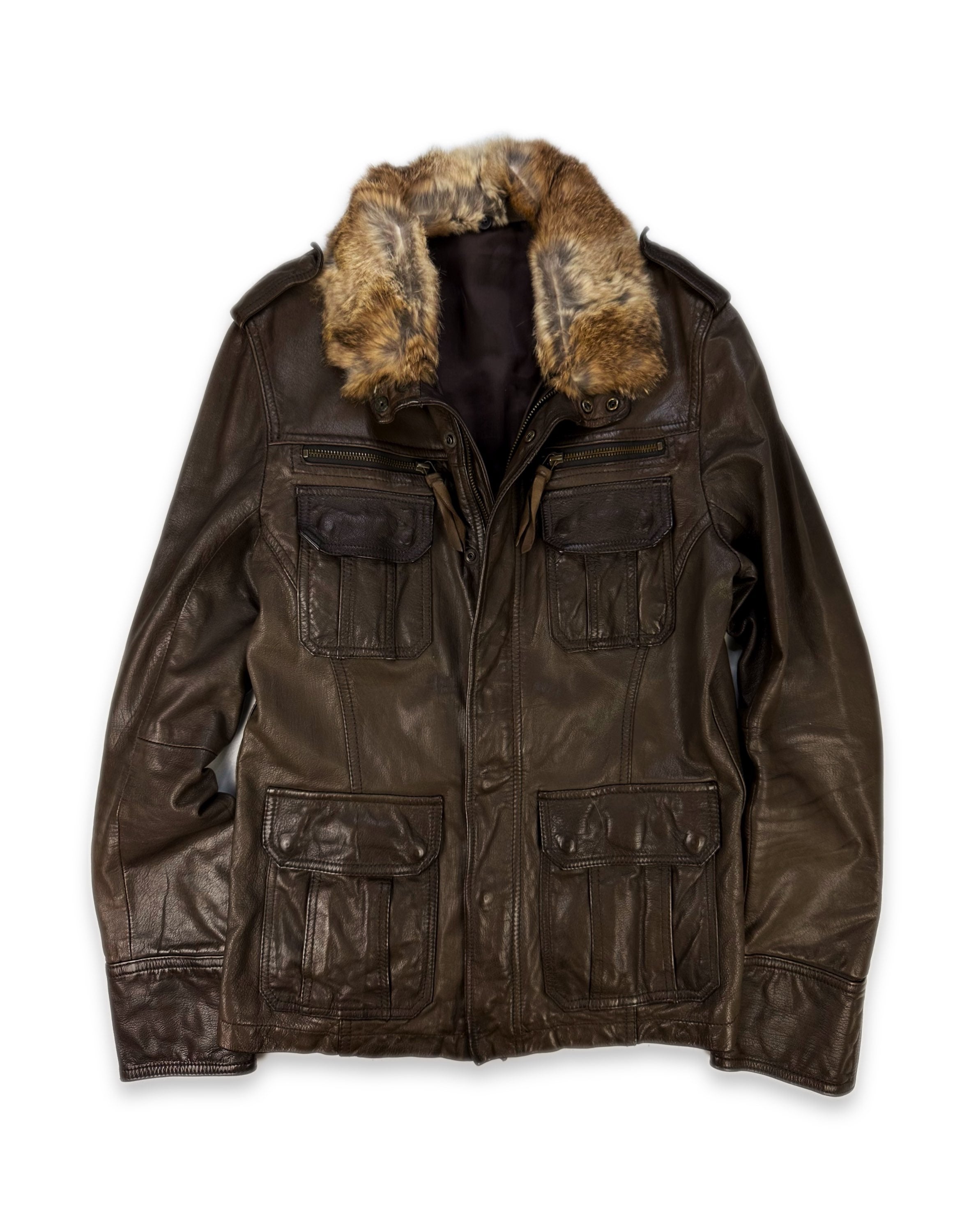 Tete Homme Brown Leather Fur Collar Aviation Jacket