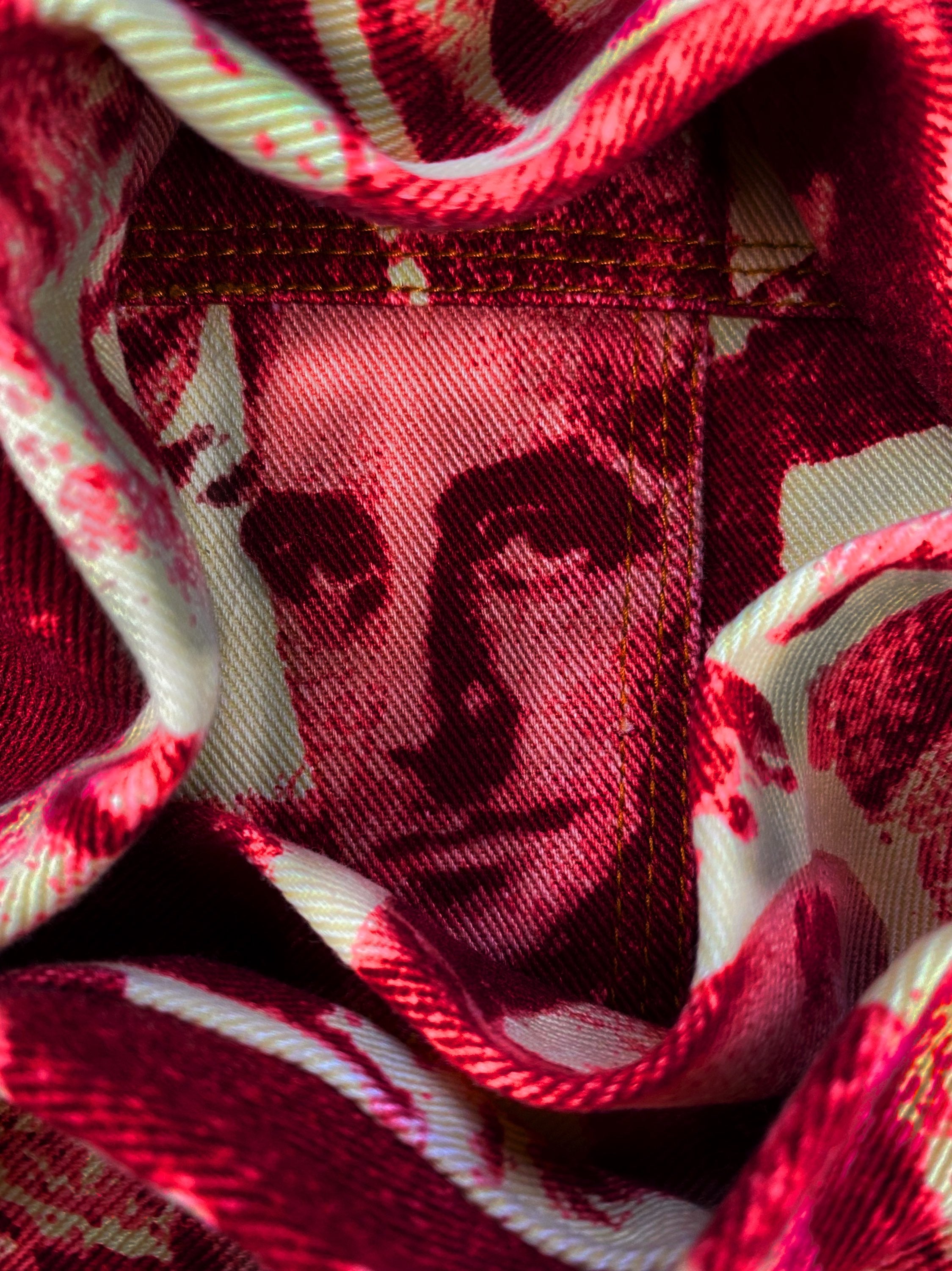 AW92 Jean Paul Gaultier “Faces” Jacquard Maroon Denim Jacket