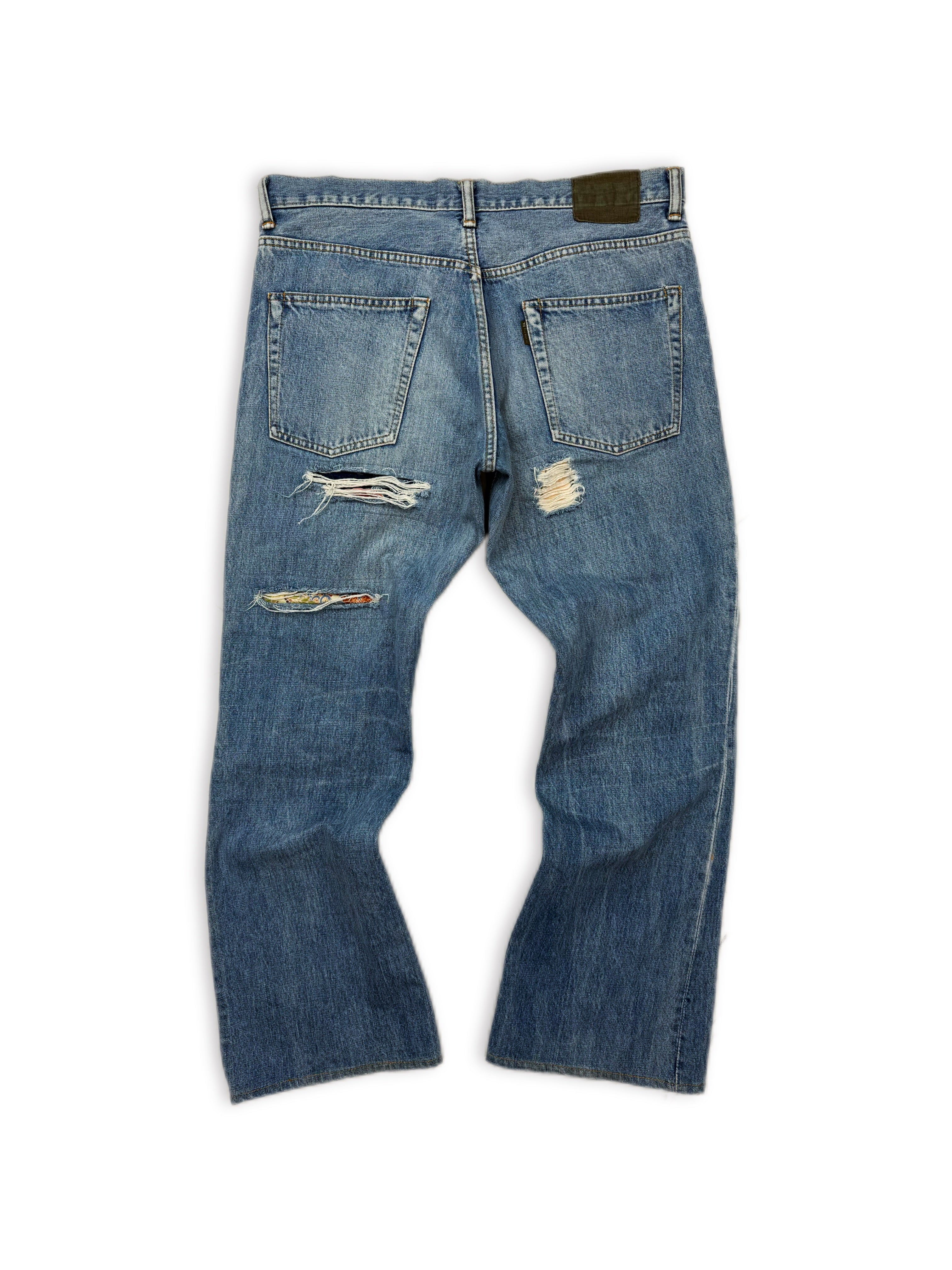 Y’s For Men Patchwork Distressed Light Wash Blue Boot Cut Denim