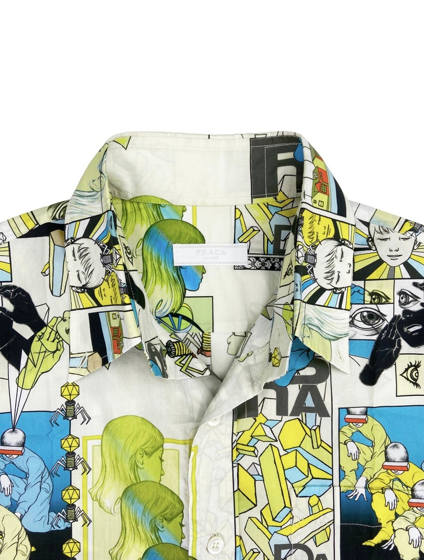 SS18 Prada Camp Collar Button Up Full Print Comic Shirt