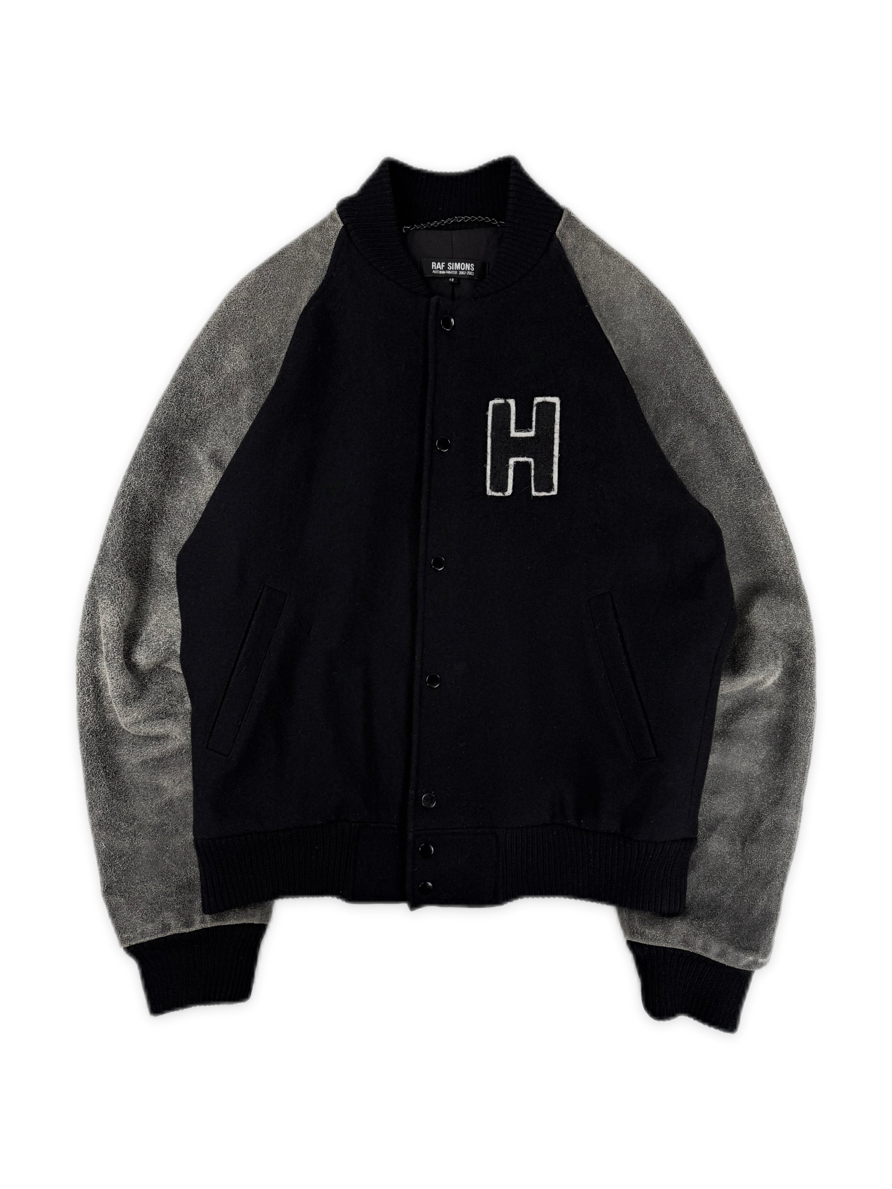 AW02 Raf Simons Virginia Creeper Blistered Leather Collegiate Varsity Jacket