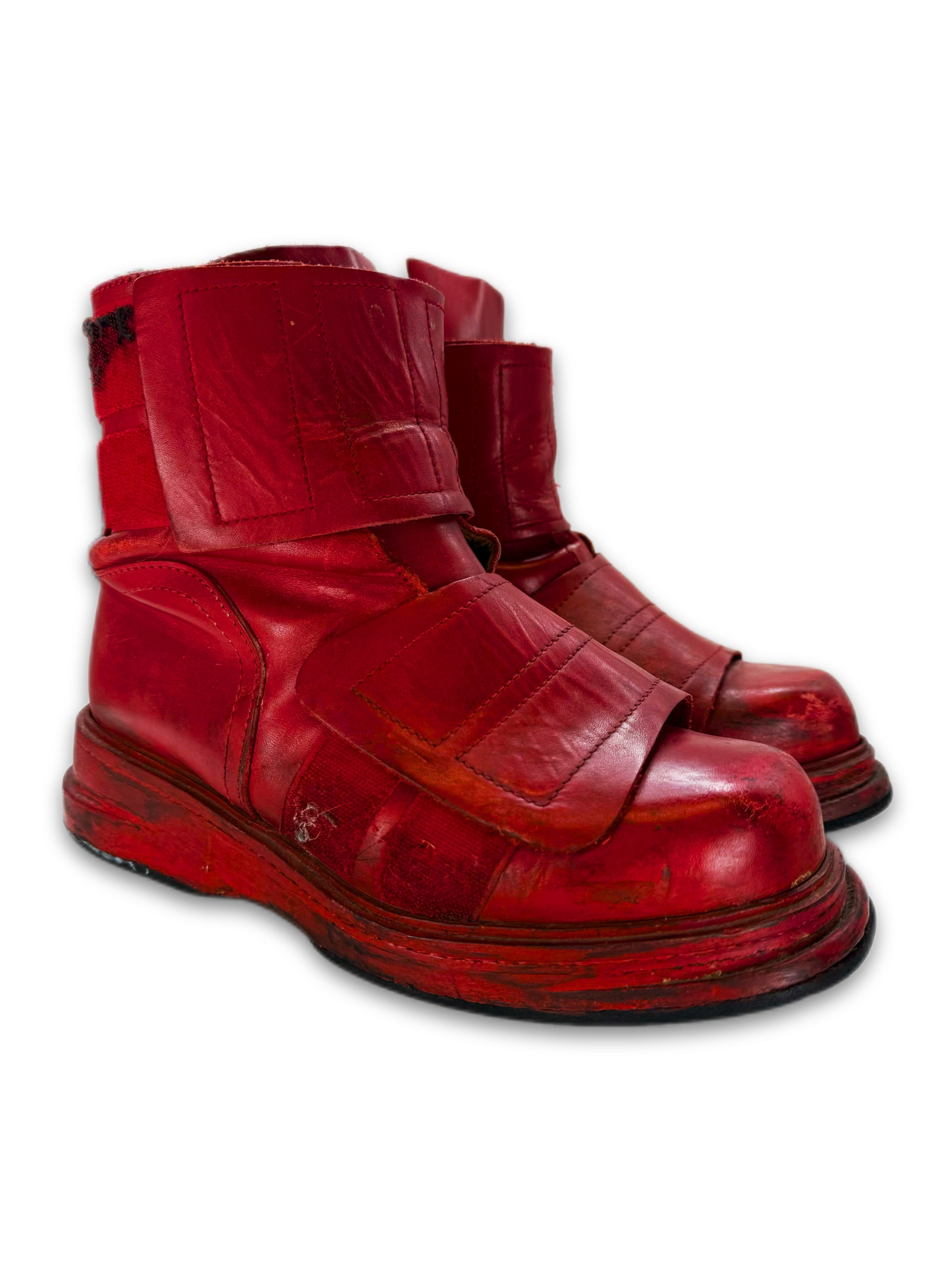 AW96 Dirk Bikkemerbergs Red Velcro Hi-top Leather Boots