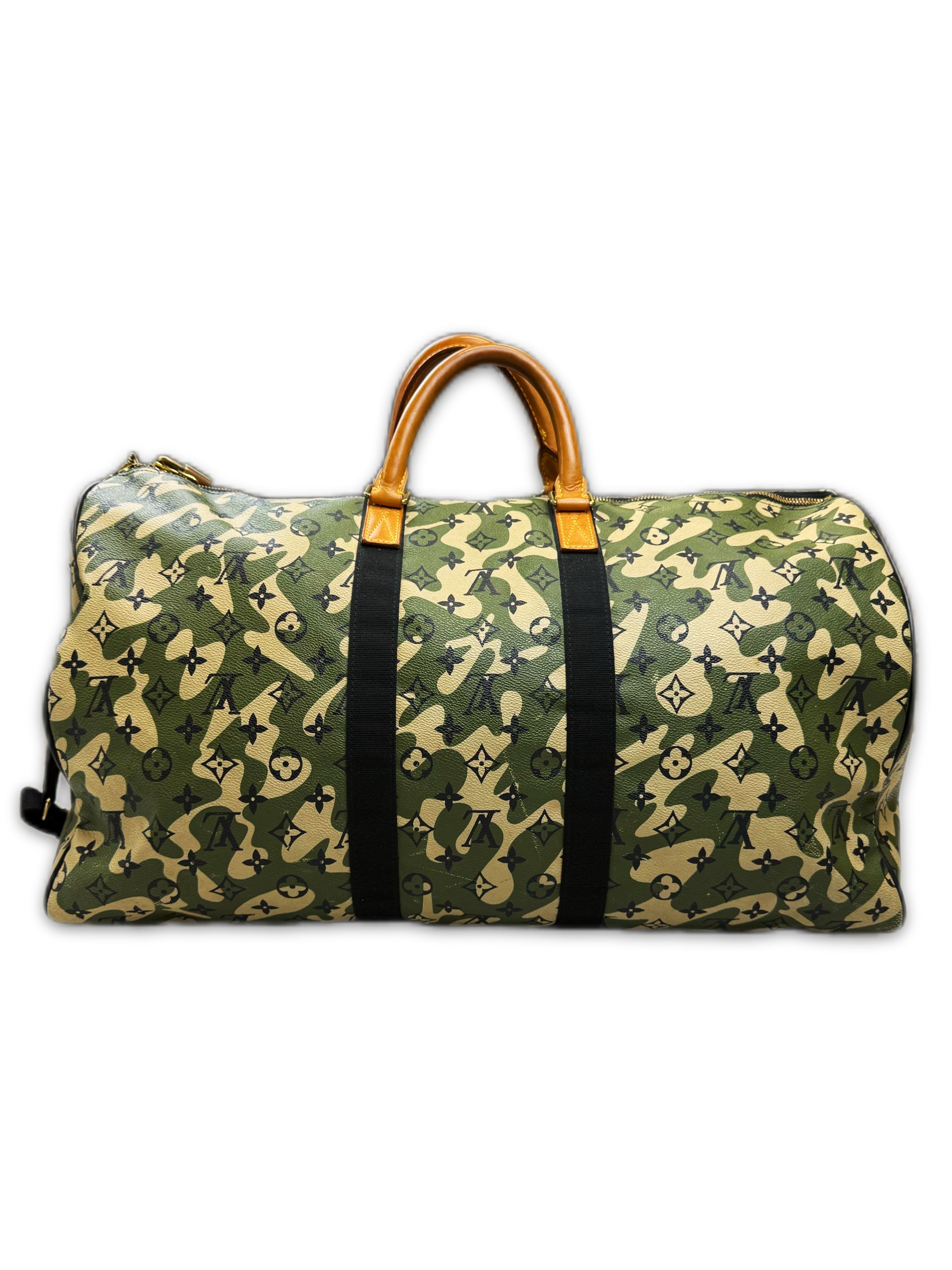 2007 Louis Vuitton x Takahashi Murakami Green Camo Keepall 55 Duffle Bag