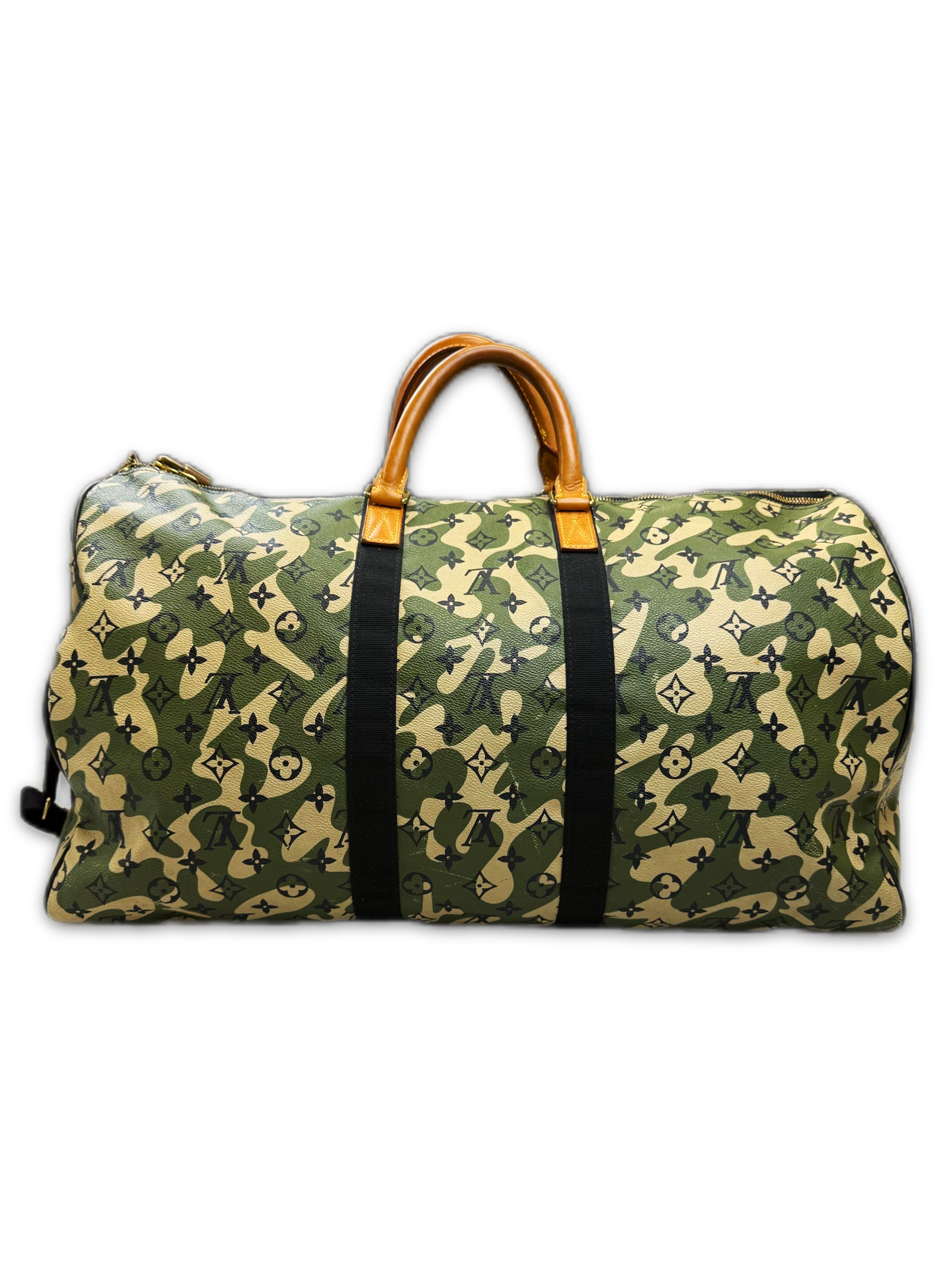 2007 Louis Vuitton x Takahashi Murakami Green Camo Keepall 55 Duffle Bag