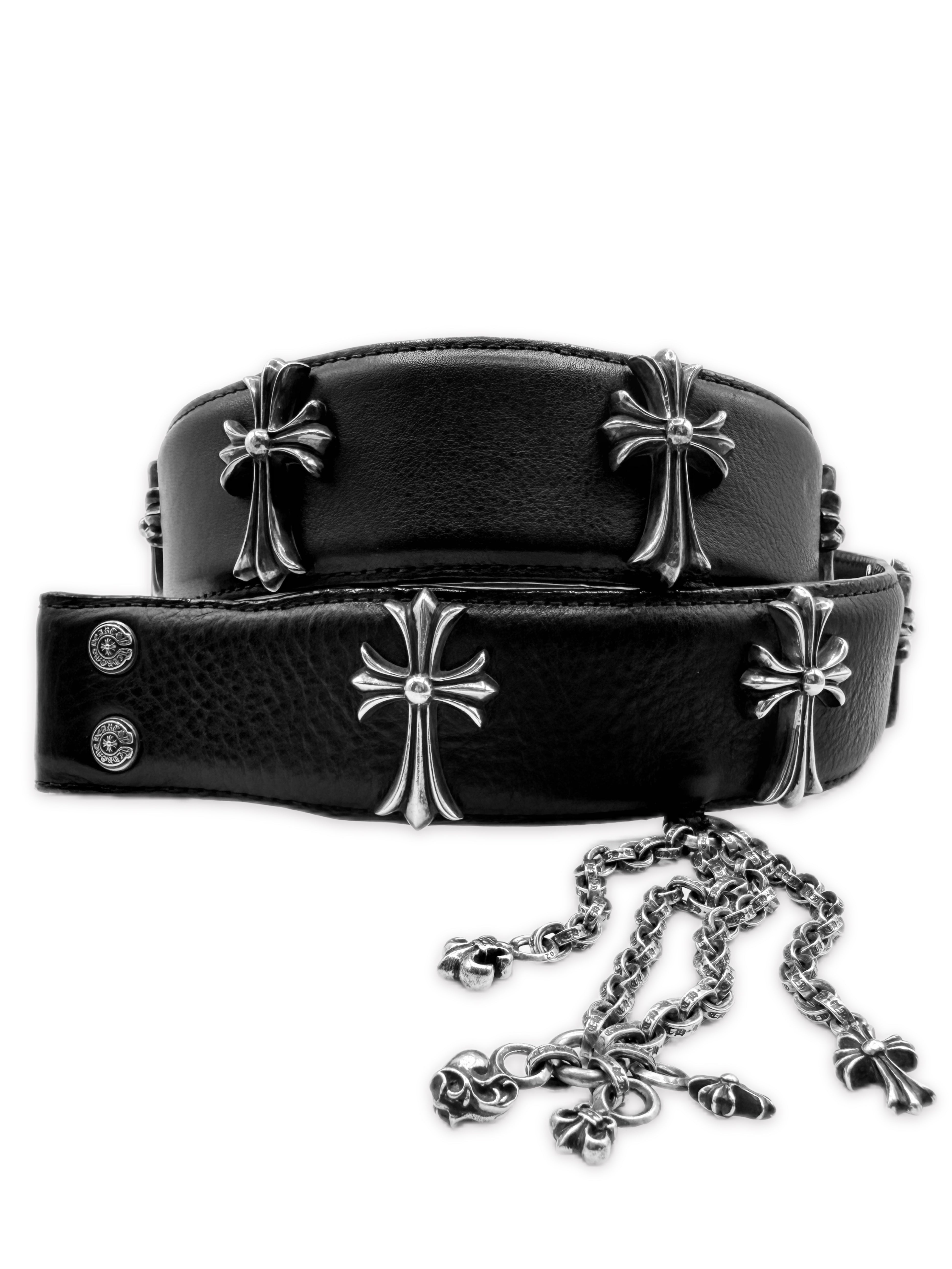 Chrome Hearts Cemetery Cross Strap Paperchain Charm Leather Belt Strap