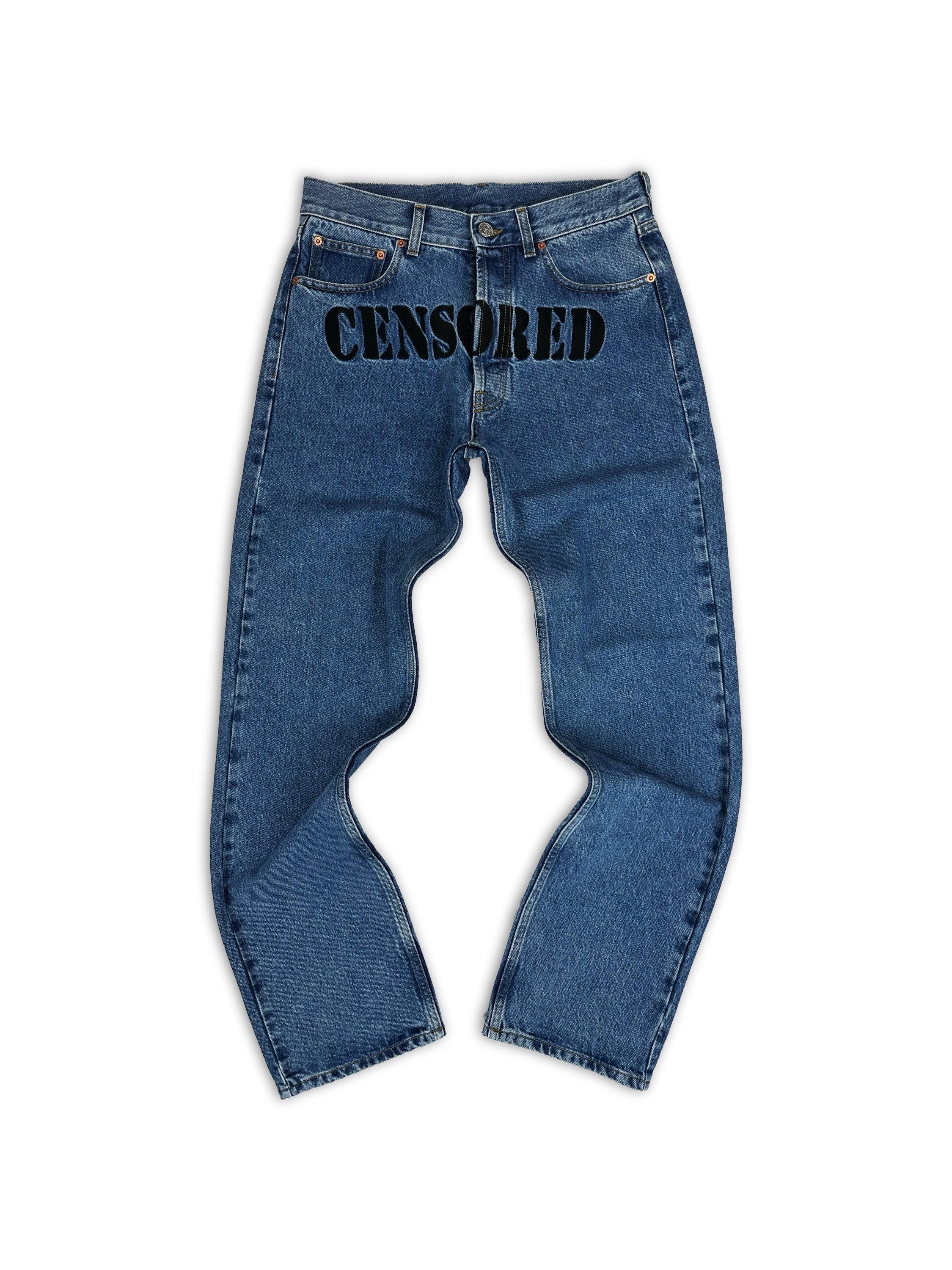 Vetements ‘Censored’ Embroidered Slogan Blue Wash Jeans