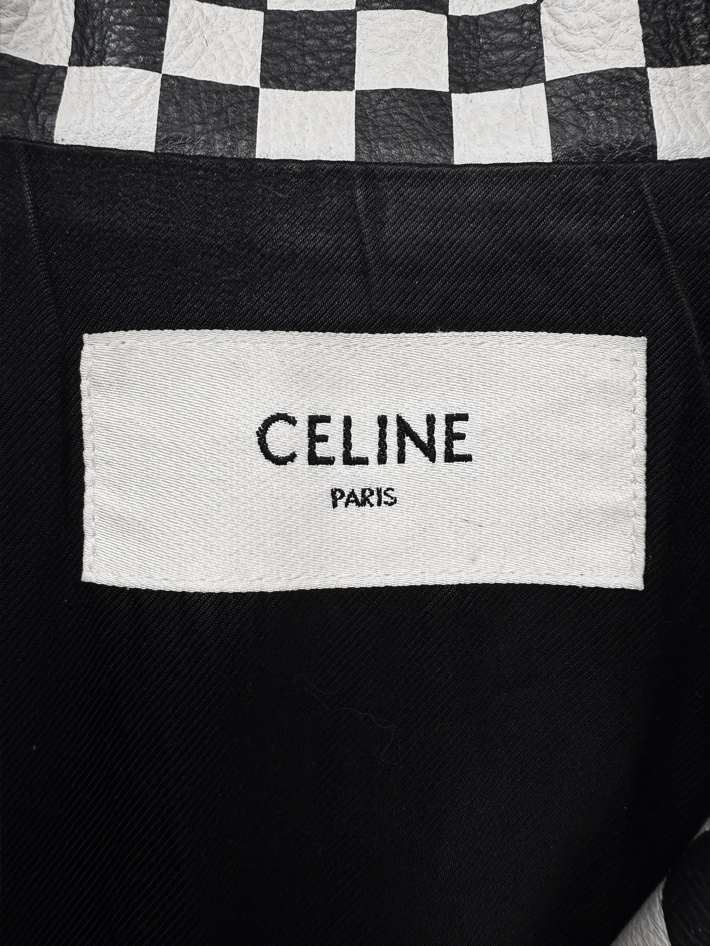 AW19 Celine by Hedi Slimane Checkered Studded Elbow Zip Leather Perfecto Jacket