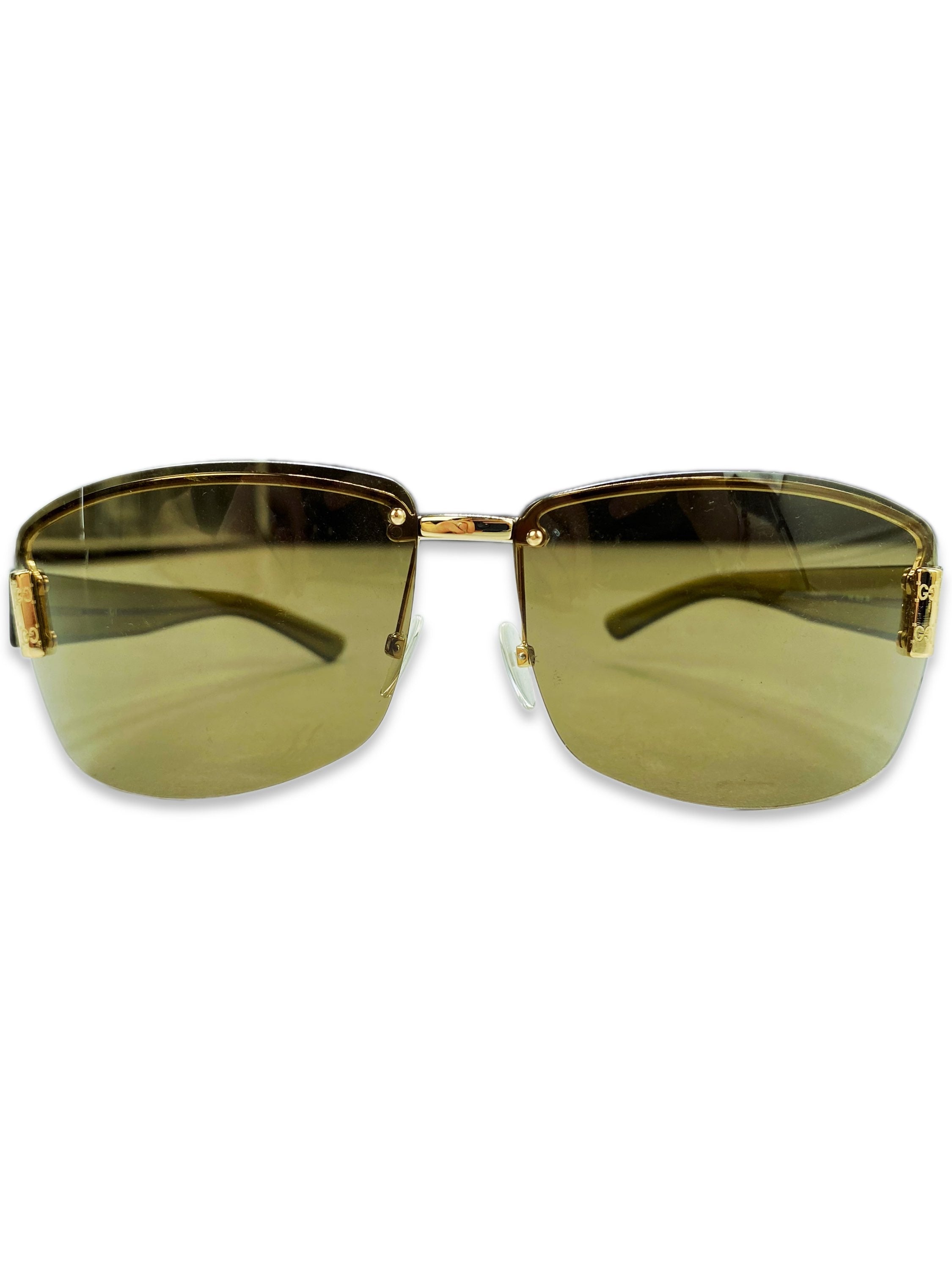 Gucci Olive Green Rounded Frame Metallic Logo Sunglasses