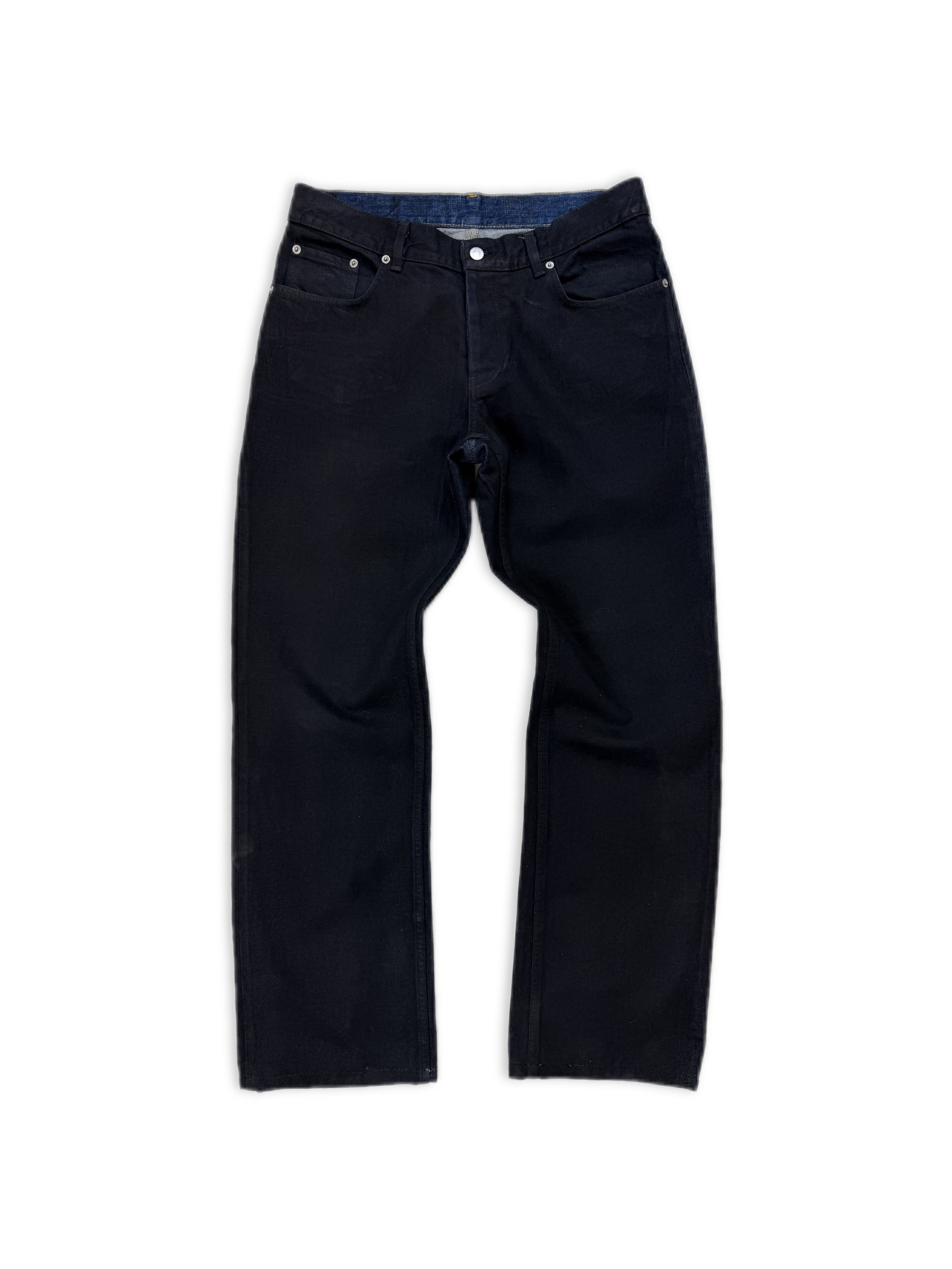 90s Helmut Lang Painted Coated Black Boot Cut Blue Jeans