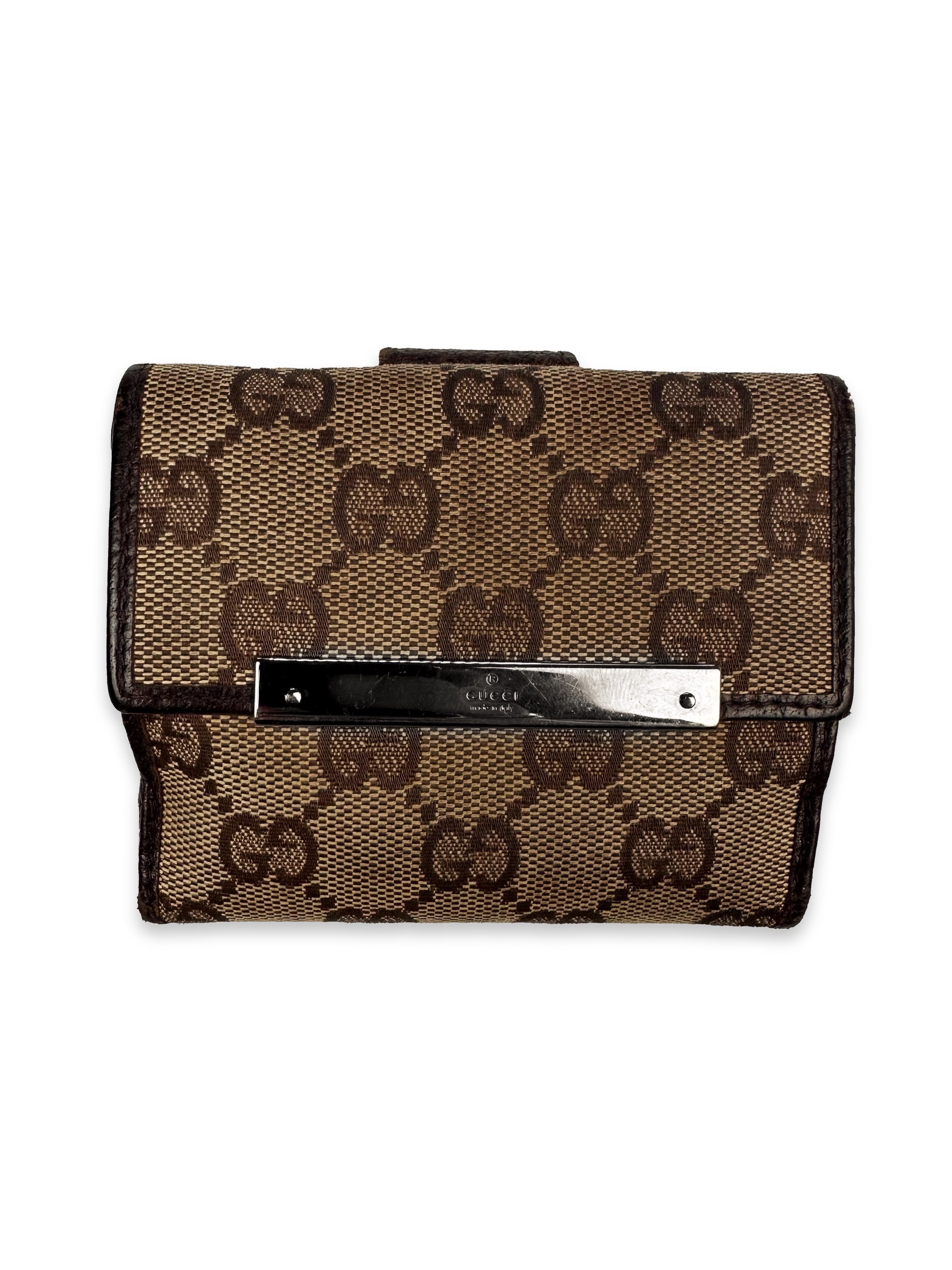 Gucci GG Monogram Tan Leather Metallic Logo Trifold Wallet