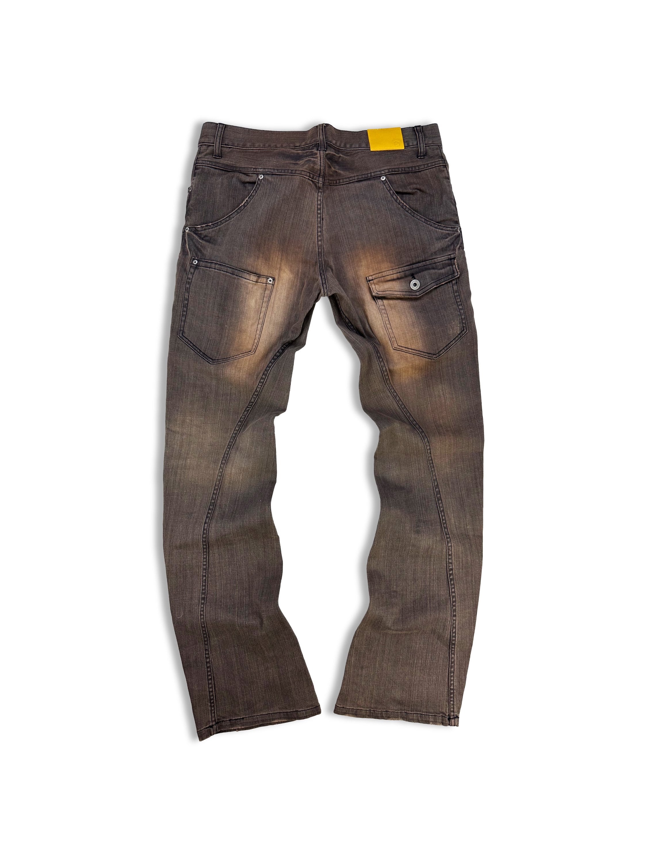Tete Homme Backwards Sand Wash D-Ring Flare Cut Denim