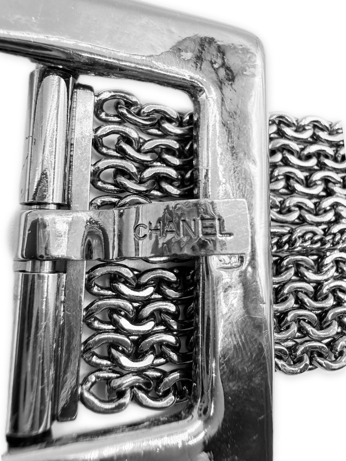 2007 Chanel Chain Mail 9 Row Silver Square Buckle Belt
