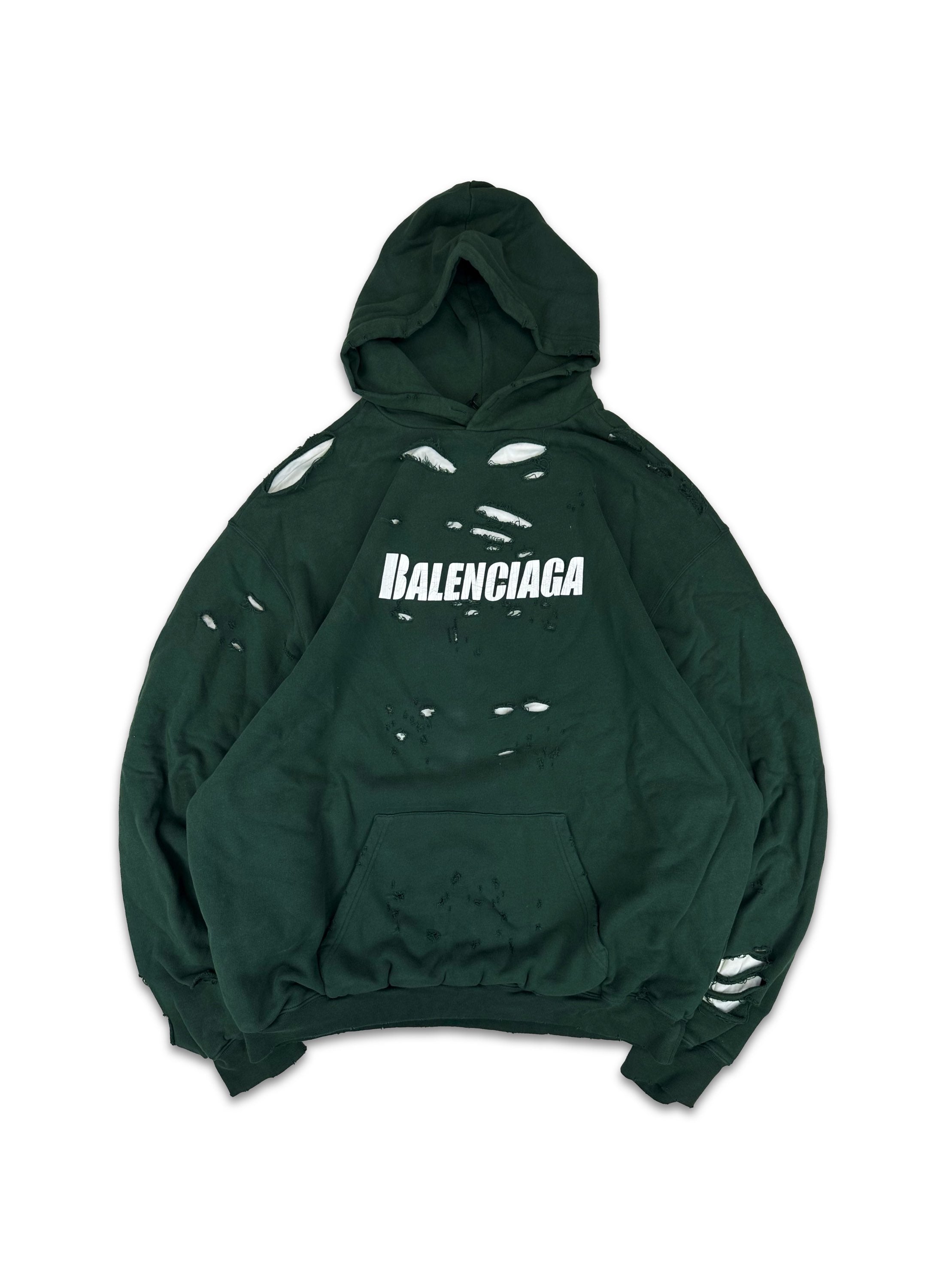 Balenciaga Forest Green Distressed Double Layered Hoodie
