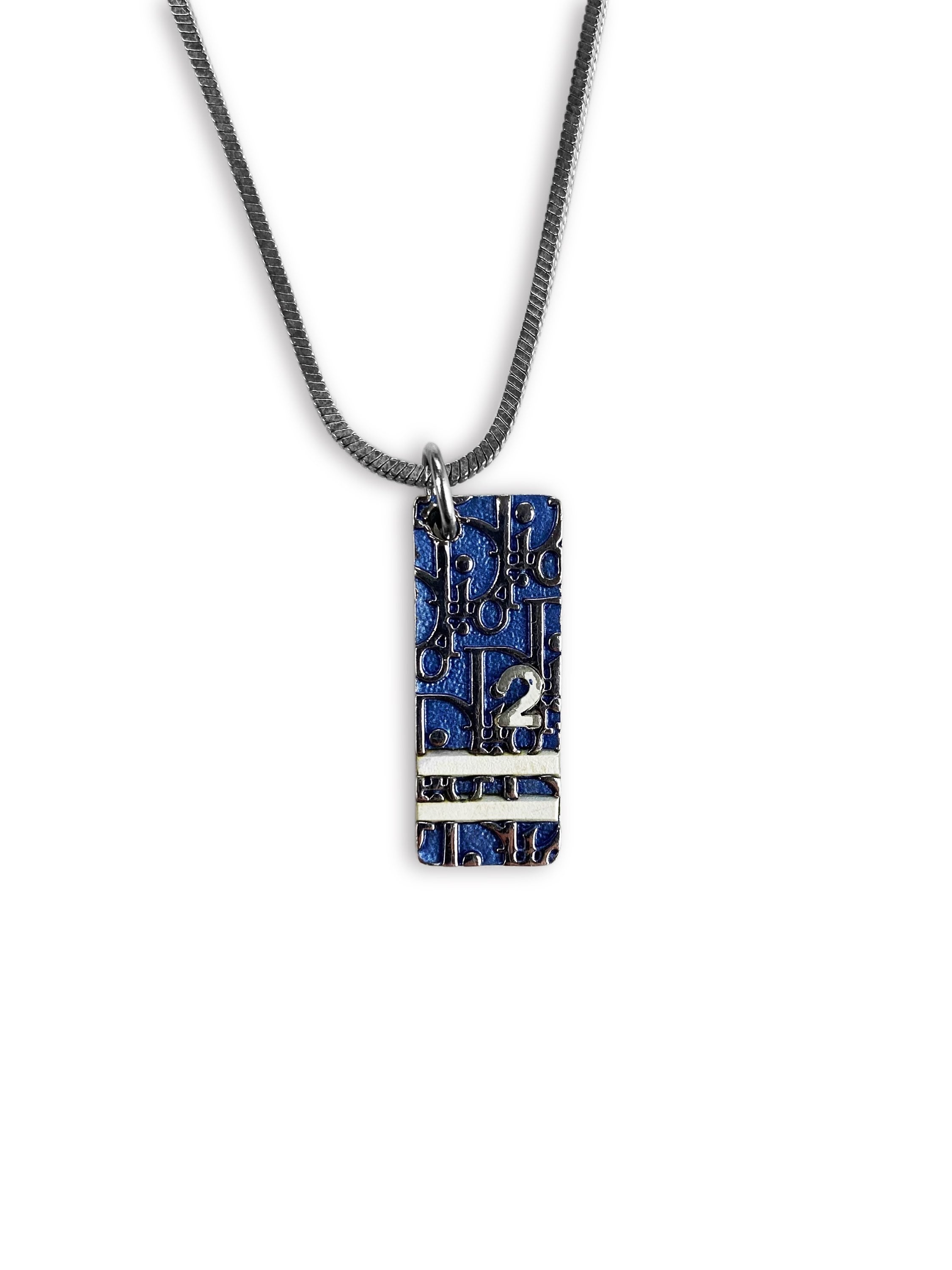 00s Dior Blue Trotter Monogram Silver Necklace