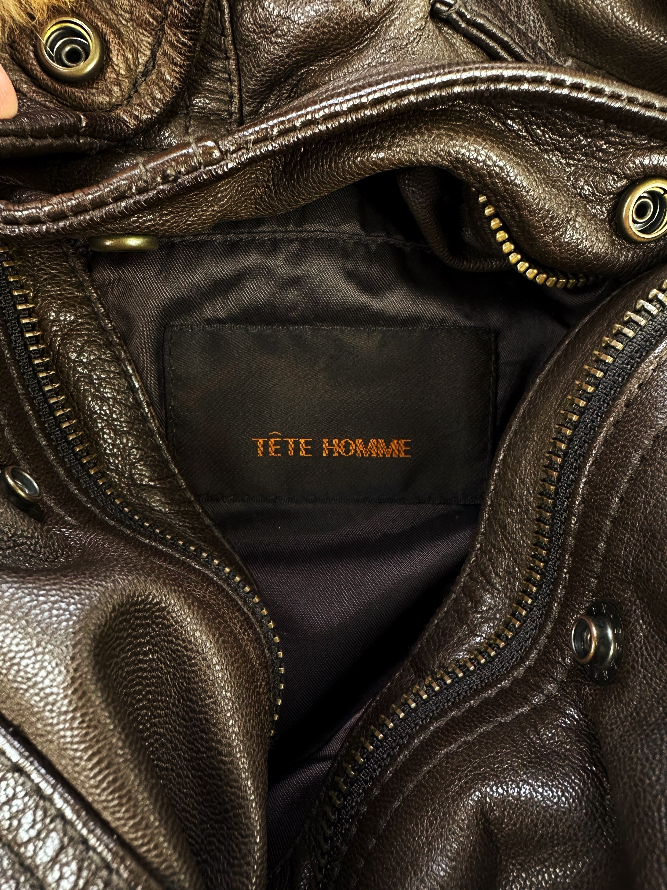 Tete Homme Brown Leather Fur Collar Aviation Jacket