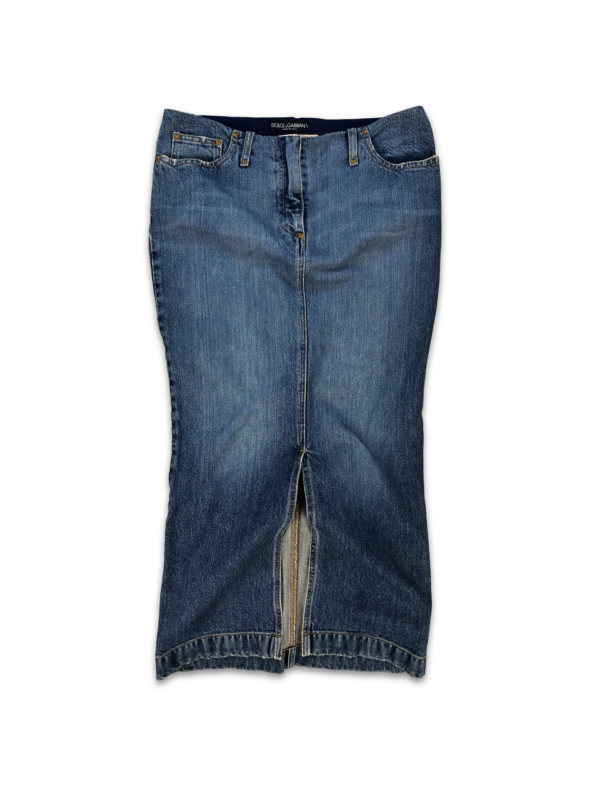 00s Dolce & Gabbana Midi Length Low Waisted Washed Denim Skirt