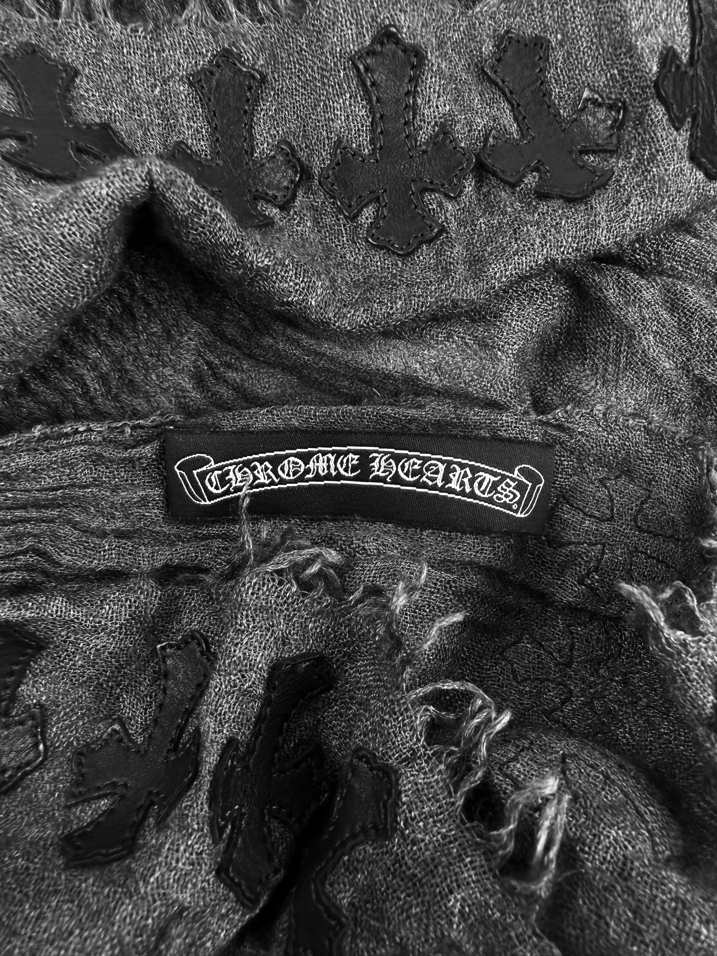 Chrome Hearts 44 Cemetery Mini Leather Cross Patch Silk XL Grey Scarf