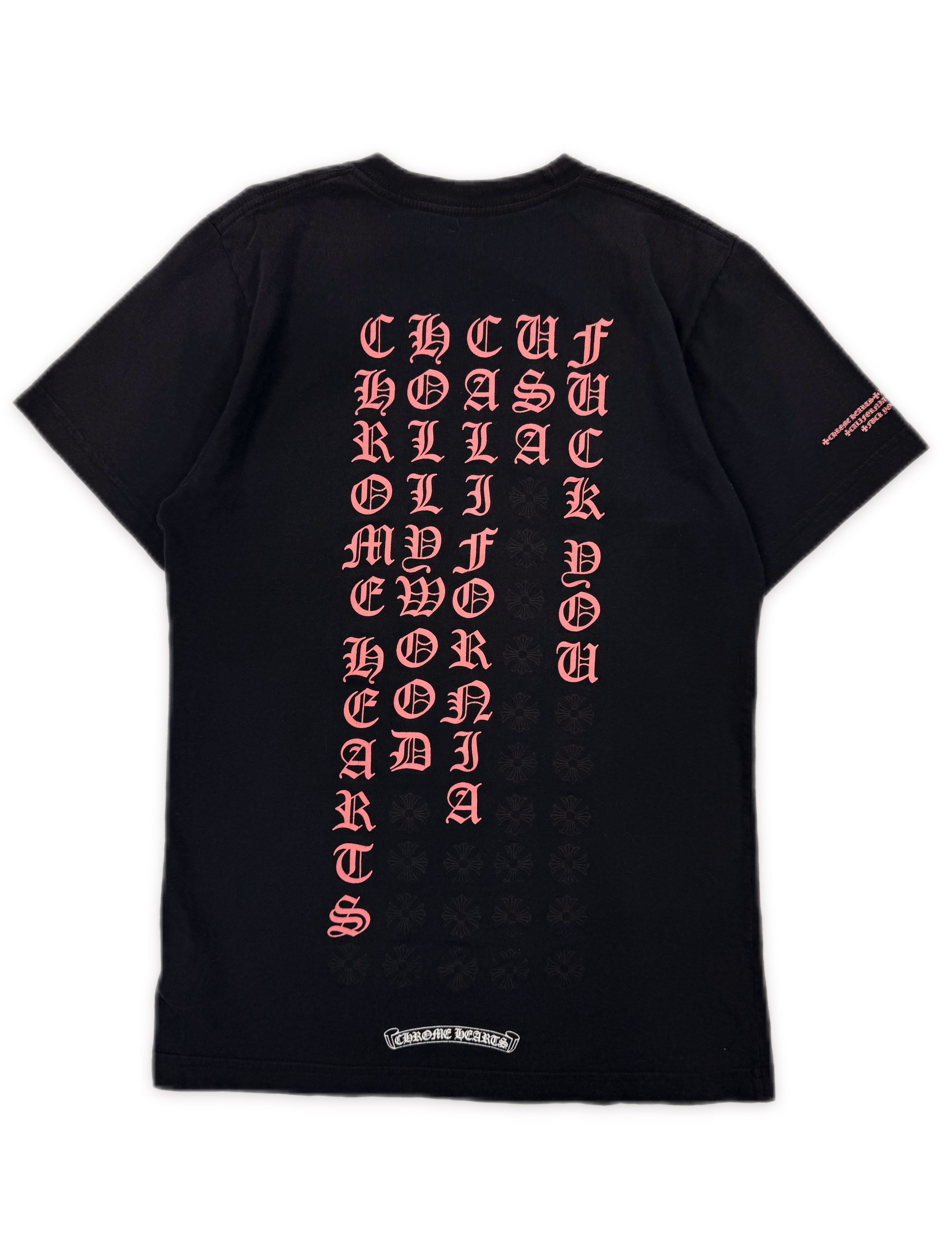 Chrome Hearts Pink Hollywood Vertical Logo Fuck You Black Logo T-Shirt