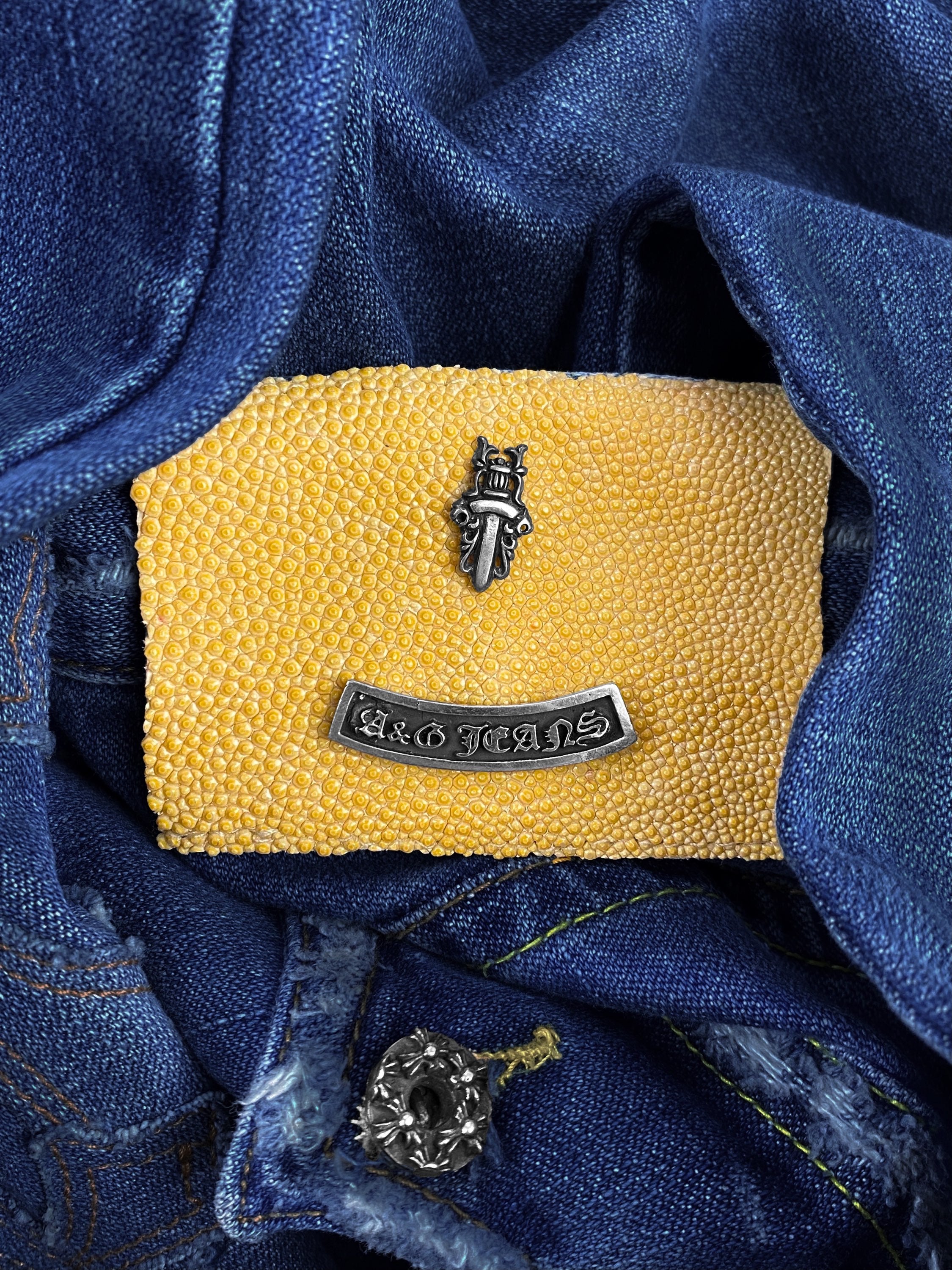 90s A&amp;G Rock ‘n Roll Couture ‘Triple Cross’ Stingray Leather Denim