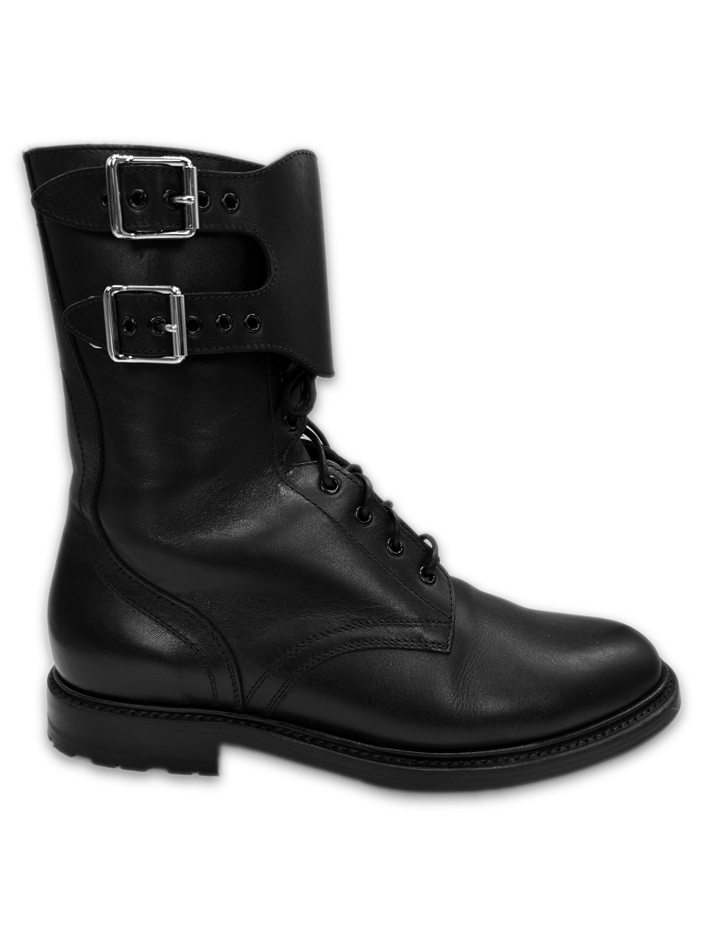 Celine Black Calfskin Leather ‘Combat’ Belted Cuff Hi-Top Boots