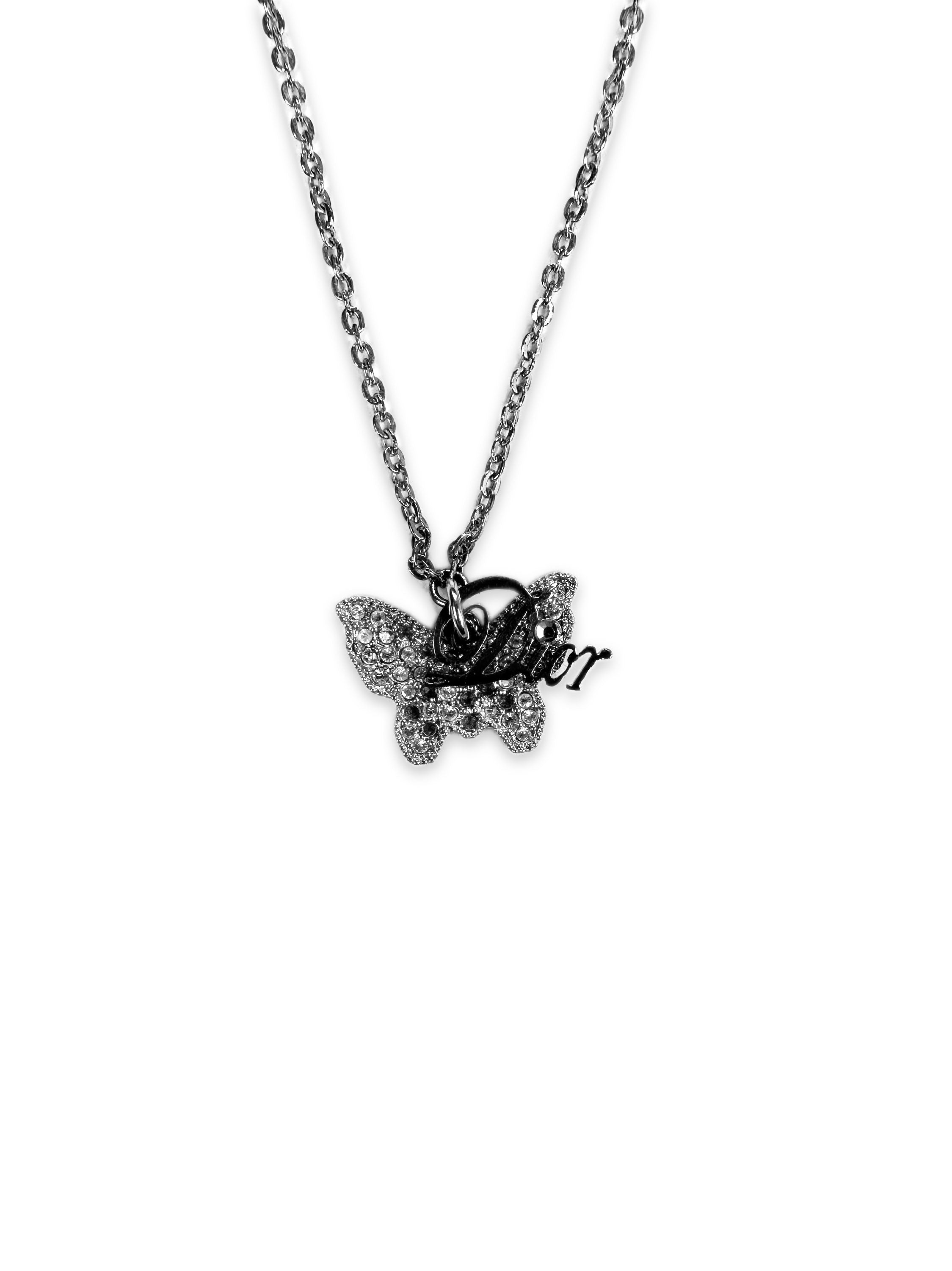 00s Dior Swarovski Crystal Butterfly Cursive Pendant Necklace