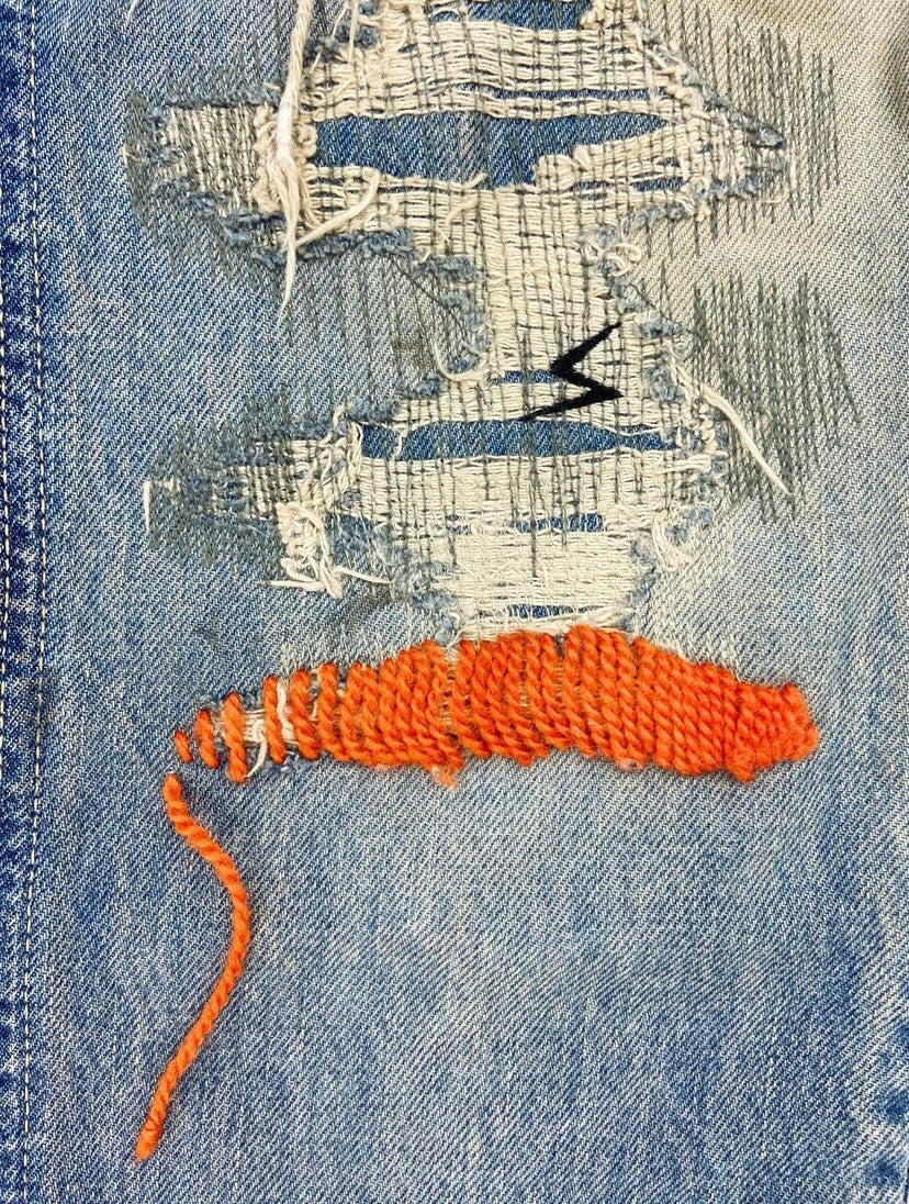 SS10 Undercover 68 Orange Yarn Sashiko Stitch Thrashed Denim