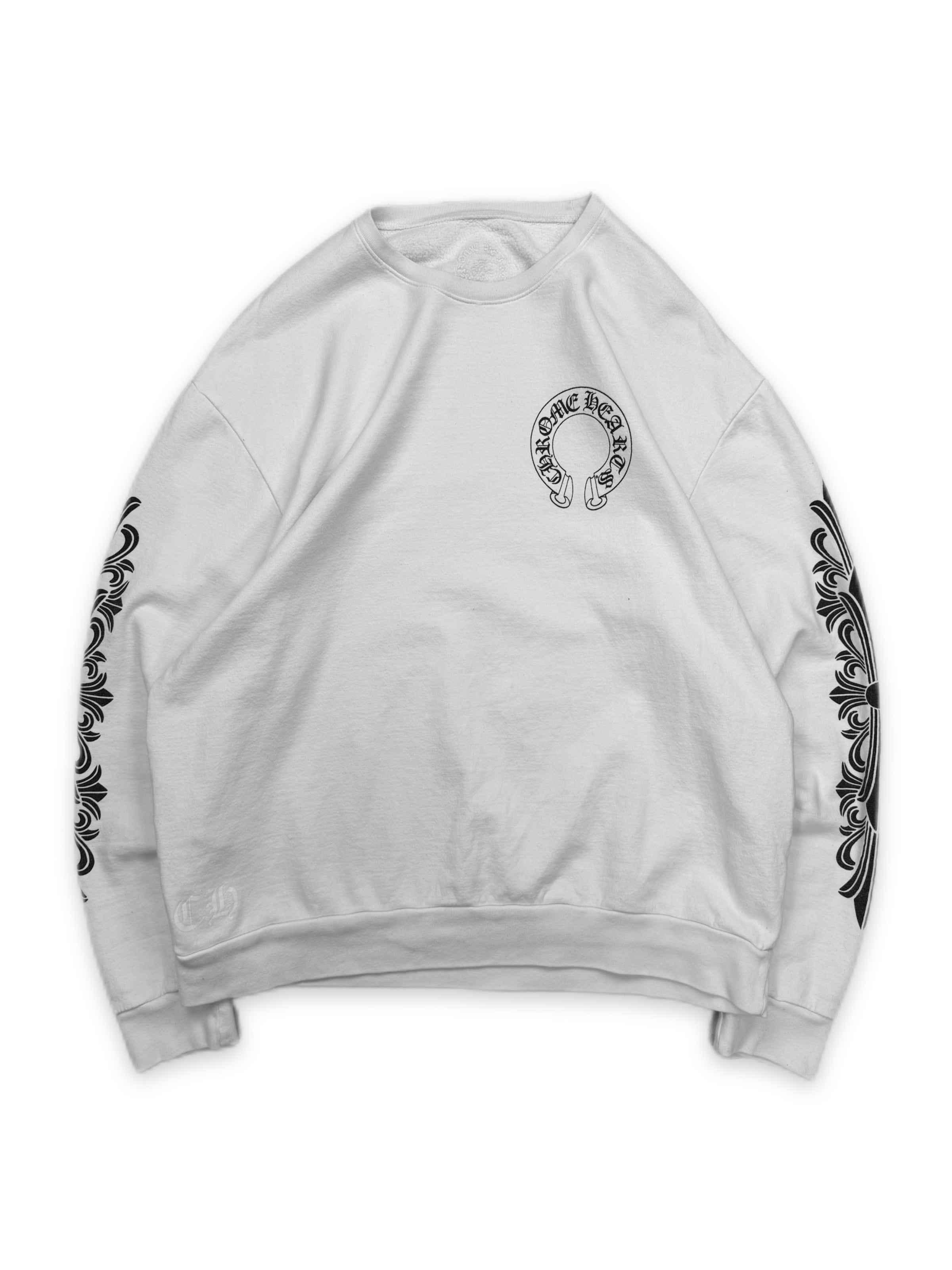 Chrome Hearts Horseshoe Cross Fleur Sleeve White Crewneck