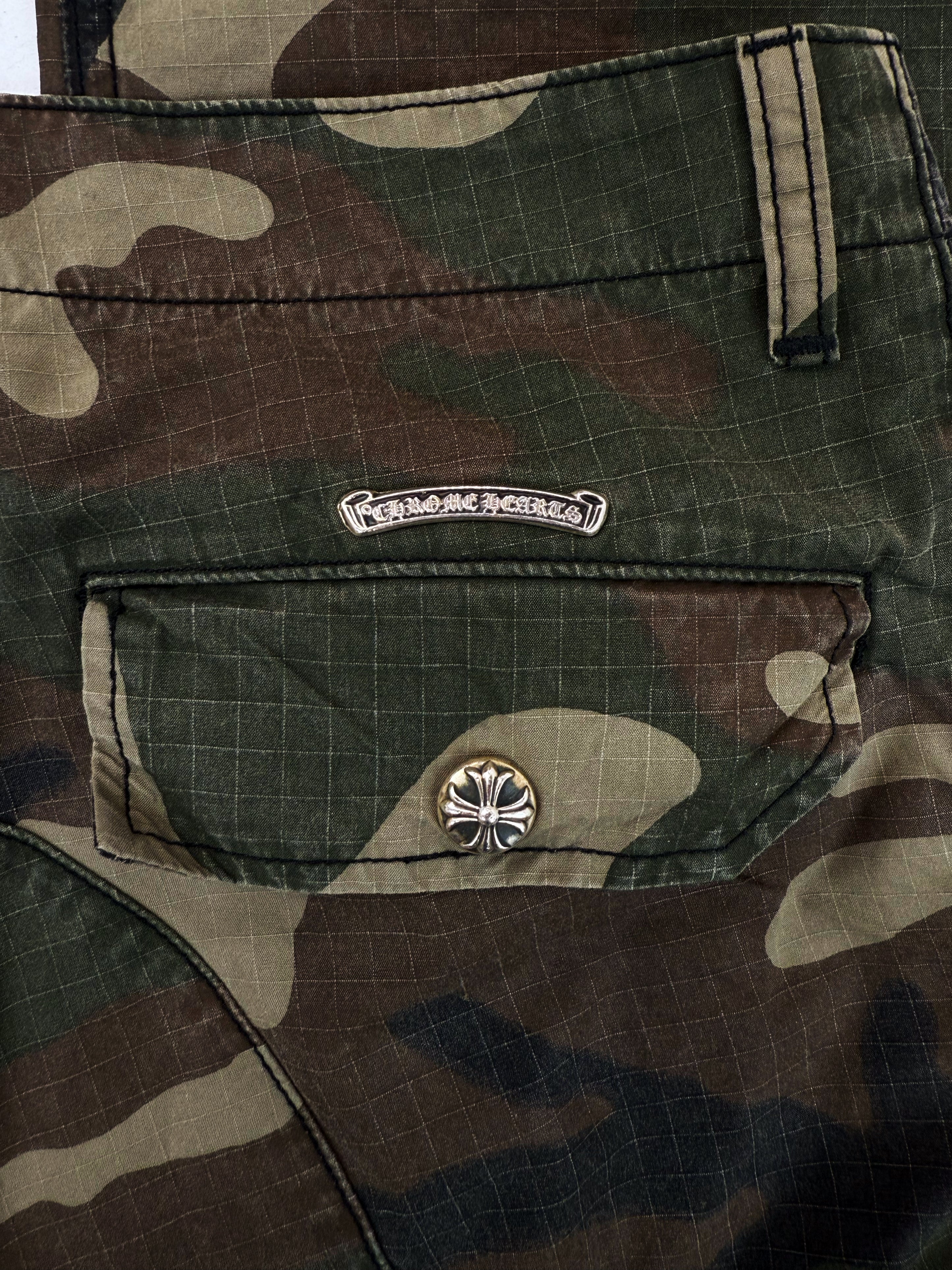 Chrome Hearts Devil Dog Leather Cross Patch Camo Cargo Pocket Pants