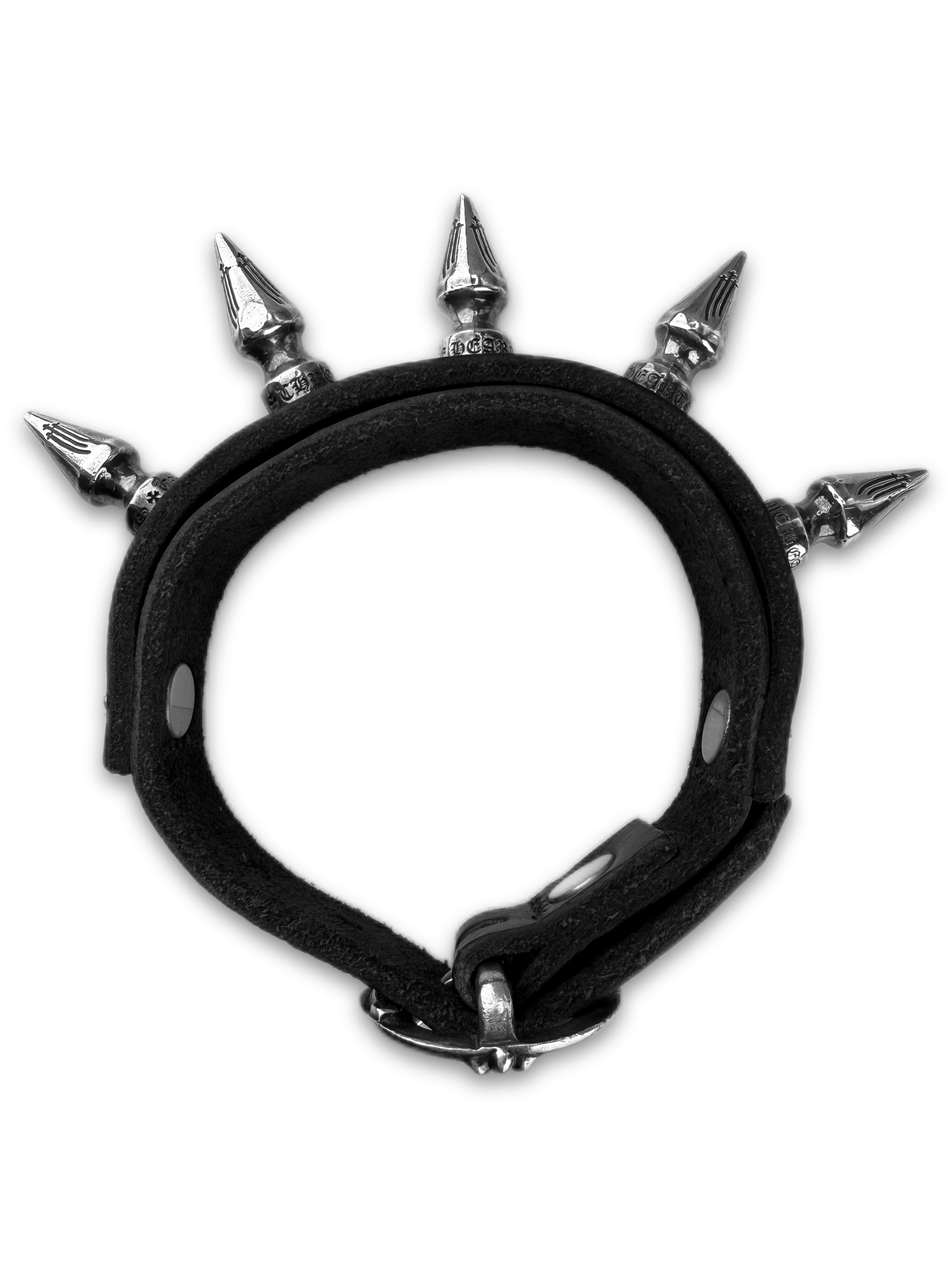 Chrome Hearts Spiked Punk Gunslingler Black Leather Bracelet