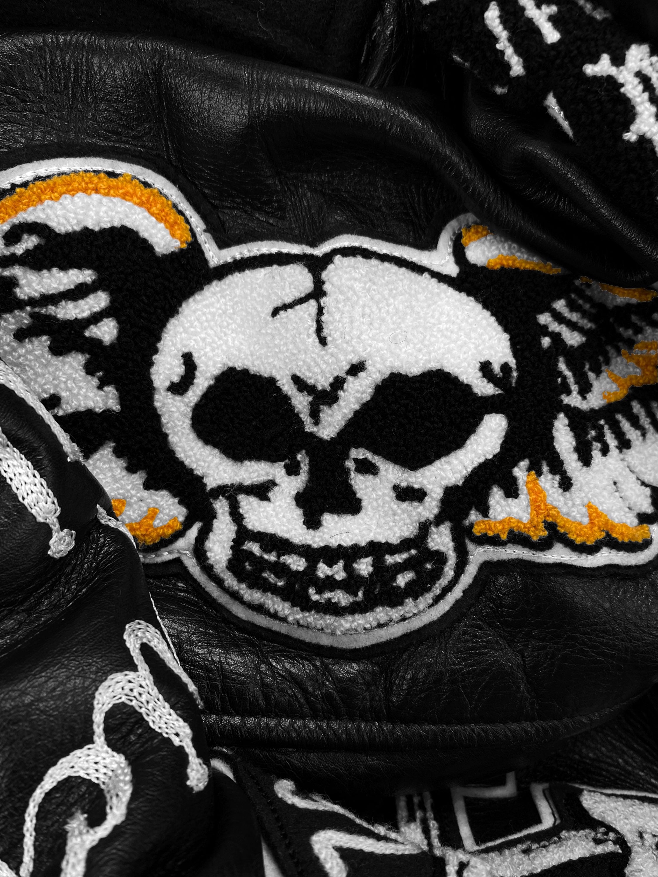 1960s Whitesville ‘Skull Pile’ Leather Chenille Patched Varsity Jacket