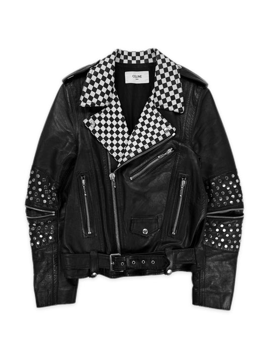 AW19 Celine by Hedi Slimane Checkered Studded Elbow Zip Leather Perfecto Jacket