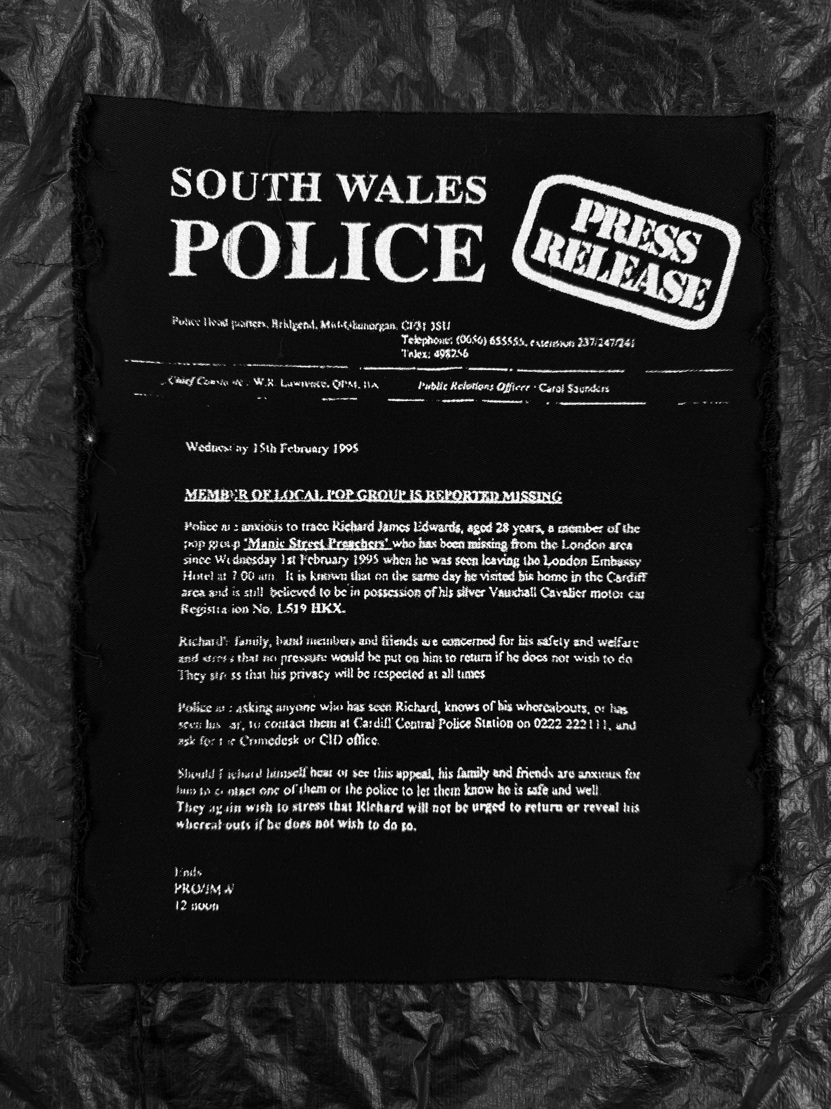 AW01 Raf Simons Riot Riot Riot ‘South Wales Police’ Black Bomber Jacket