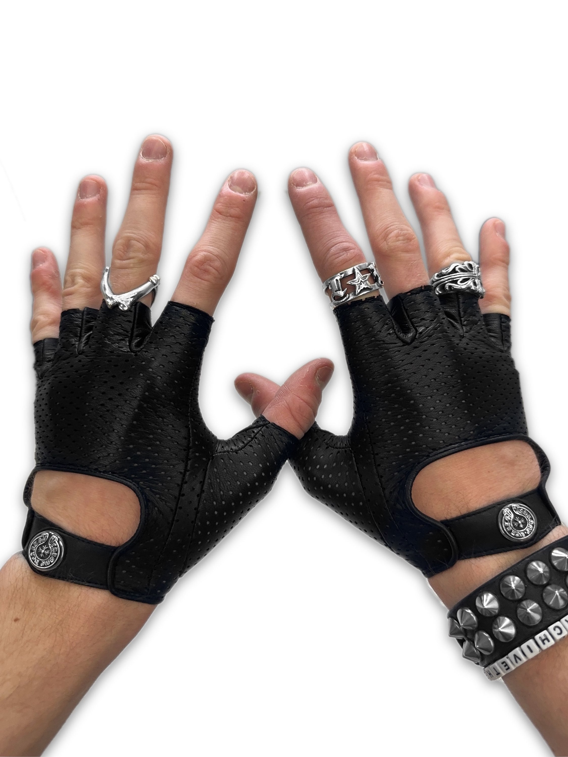 00s Chrome Hearts ‘Fingerless’ .925 Silver Leather Perforated Gloves