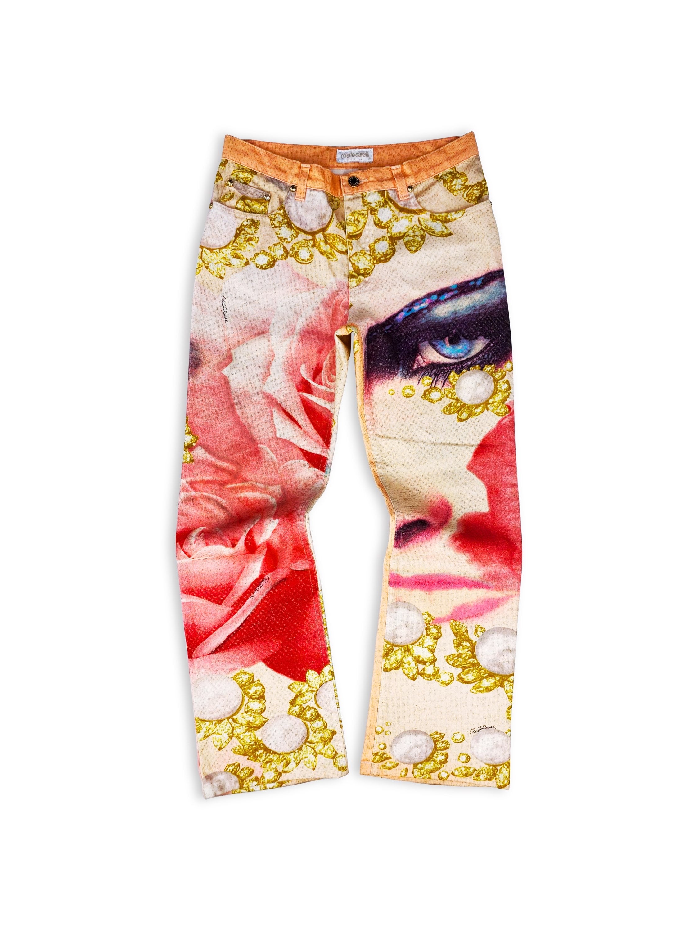 SS01 Roberto Cavalli ‘Face’ Full Print Flared Denim Jeans