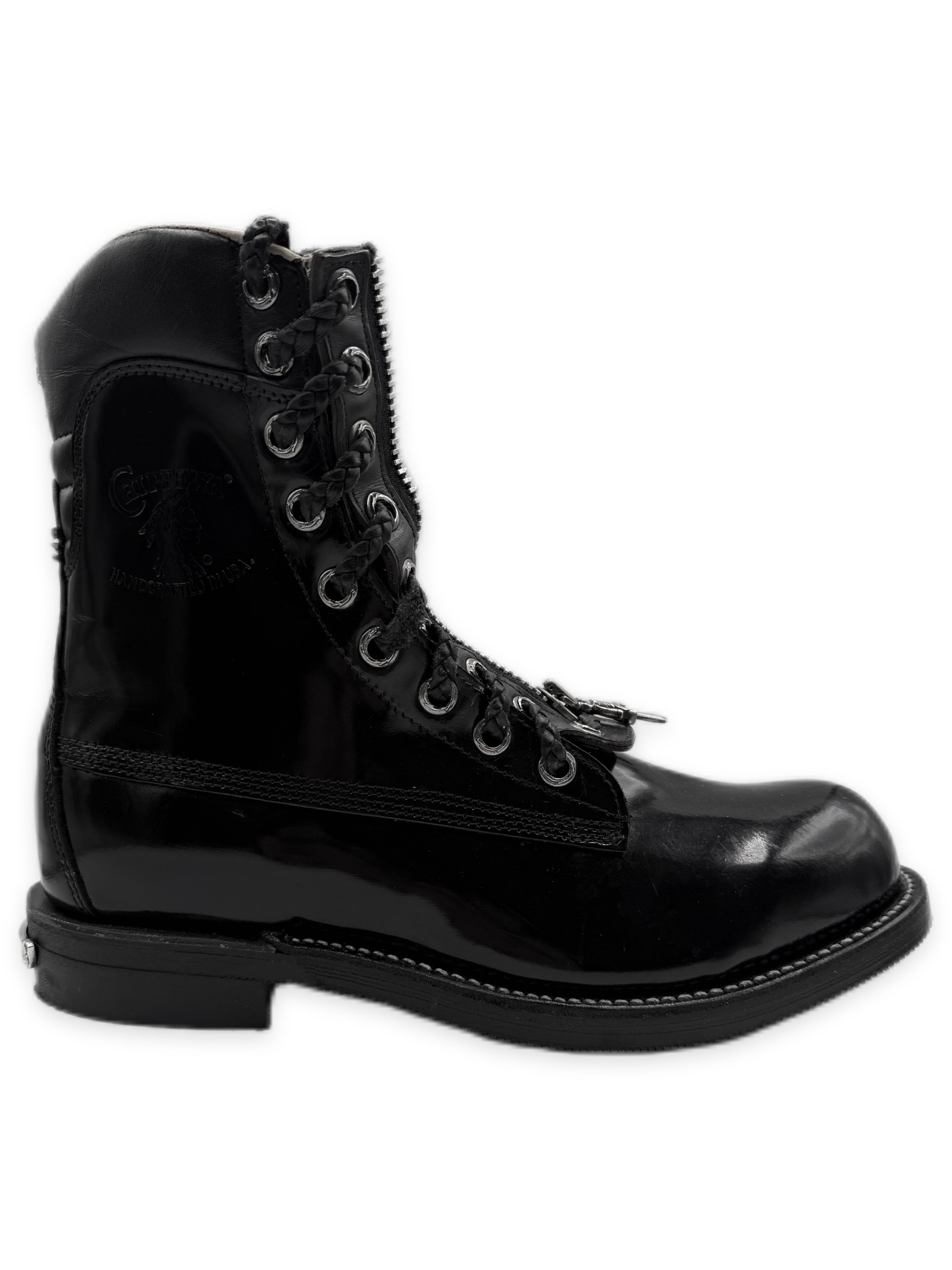 Chrome Hearts x Chippewa Fireman Zip Pyramid Stud Cross Patent Leather Boots