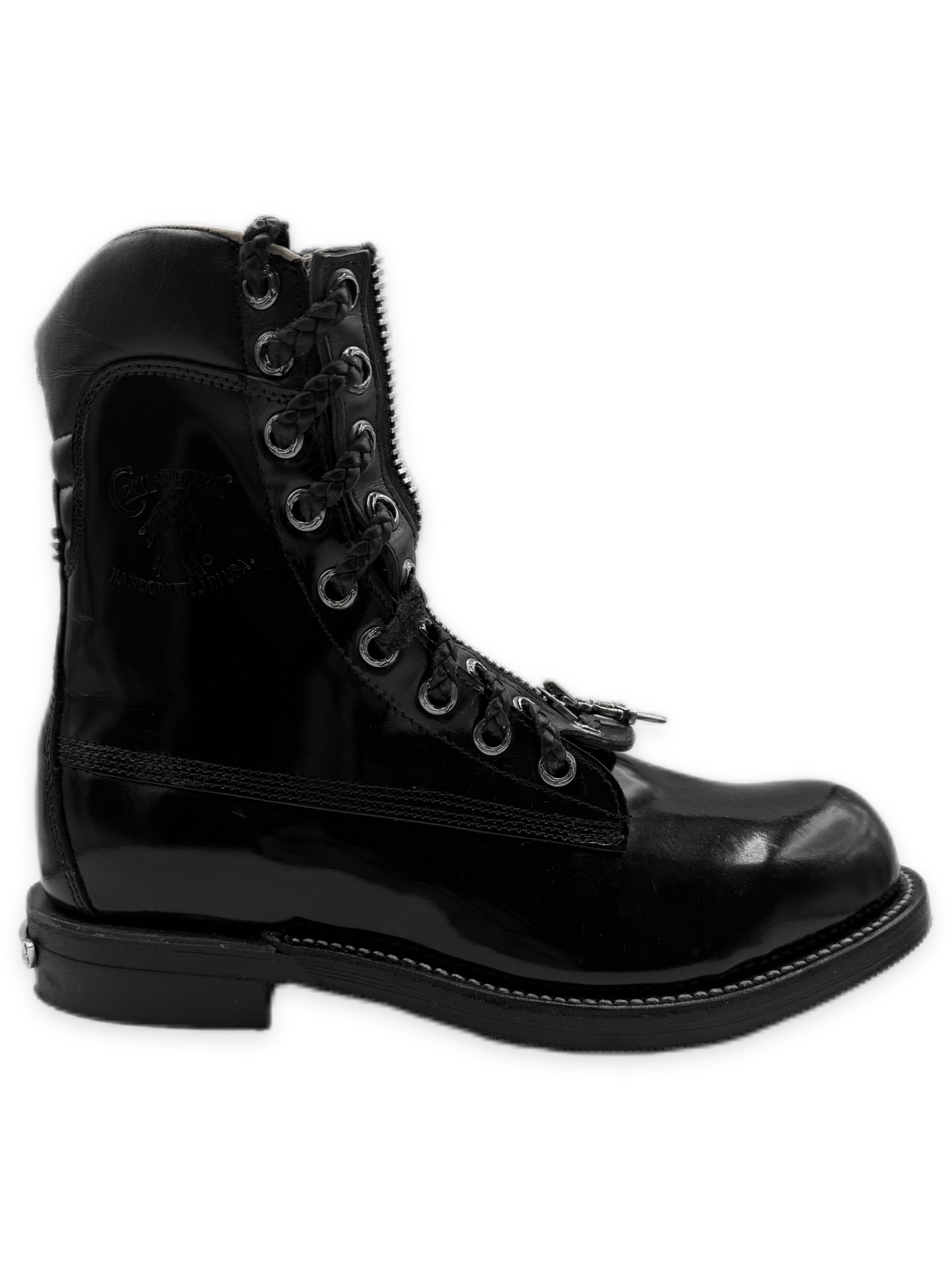Chrome Hearts x Chippewa Fireman Zip Pyramid Stud Cross Patent Leather Boots