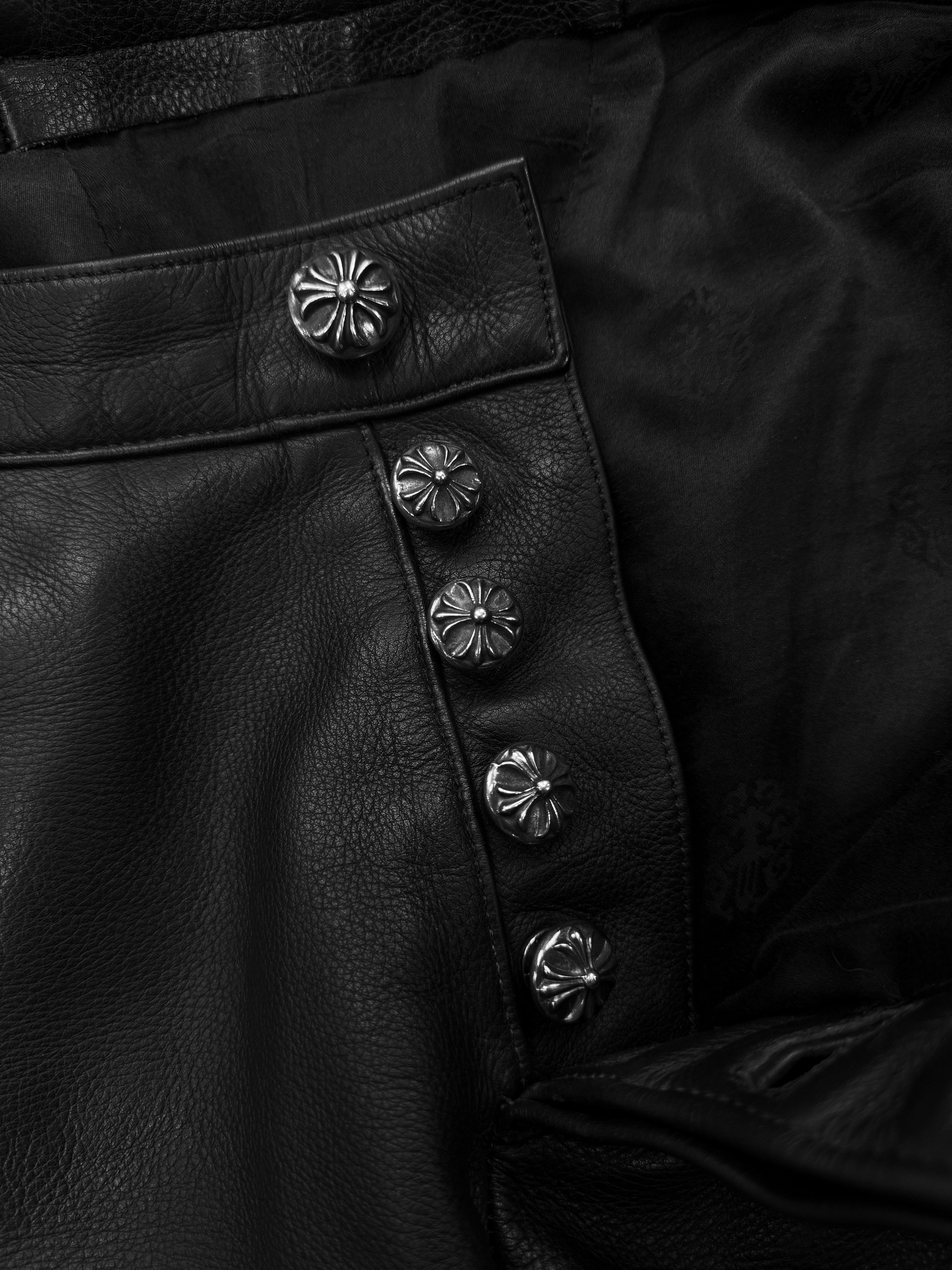 Chrome Hearts Fleur Knee Black Calfskin Leather Flared Pants