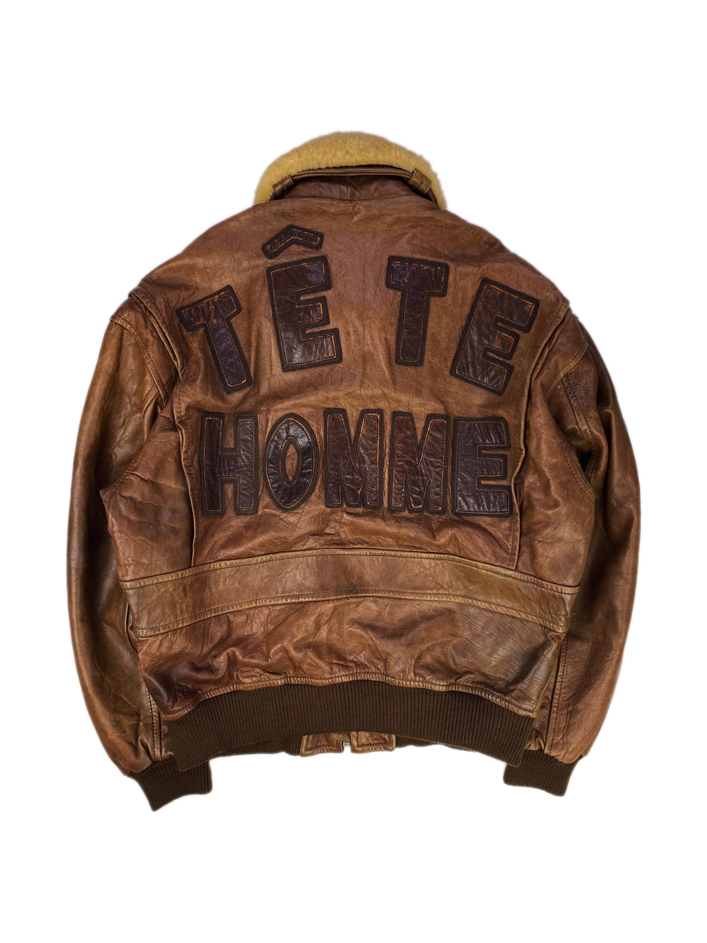 00s Tete Homme Spellout Calfskin Leather Shearling Bomber Jacket